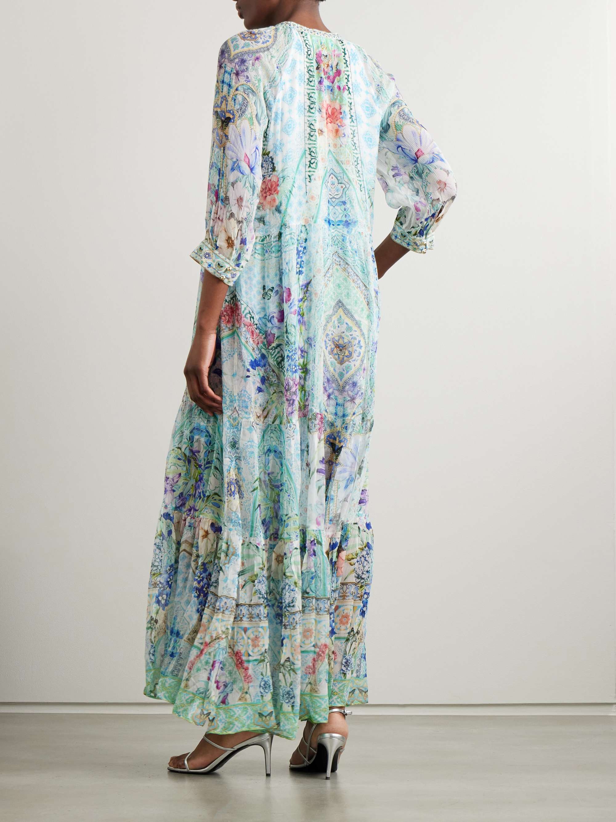 Embellished tiered printed silk-crepon maxi dress view