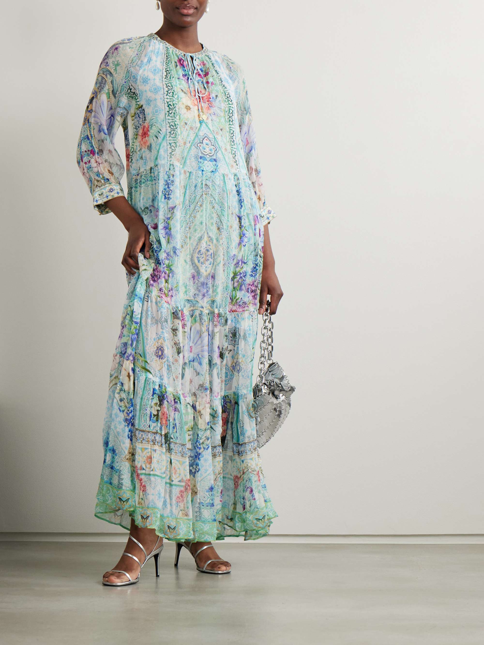 Embellished tiered printed silk-crepon maxi dress view