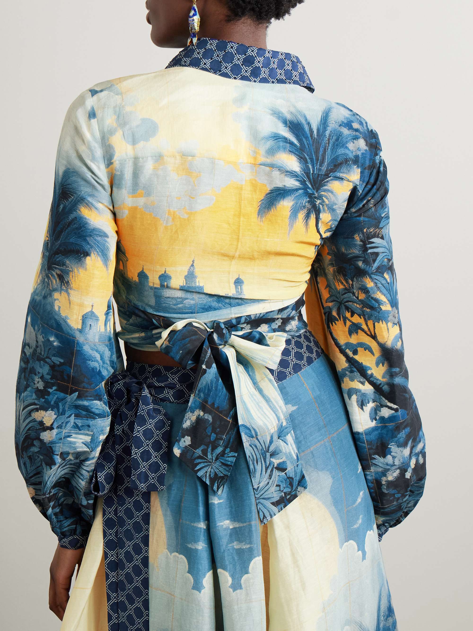 Cropped embellished printed linen and silk-blend wrap shirt view