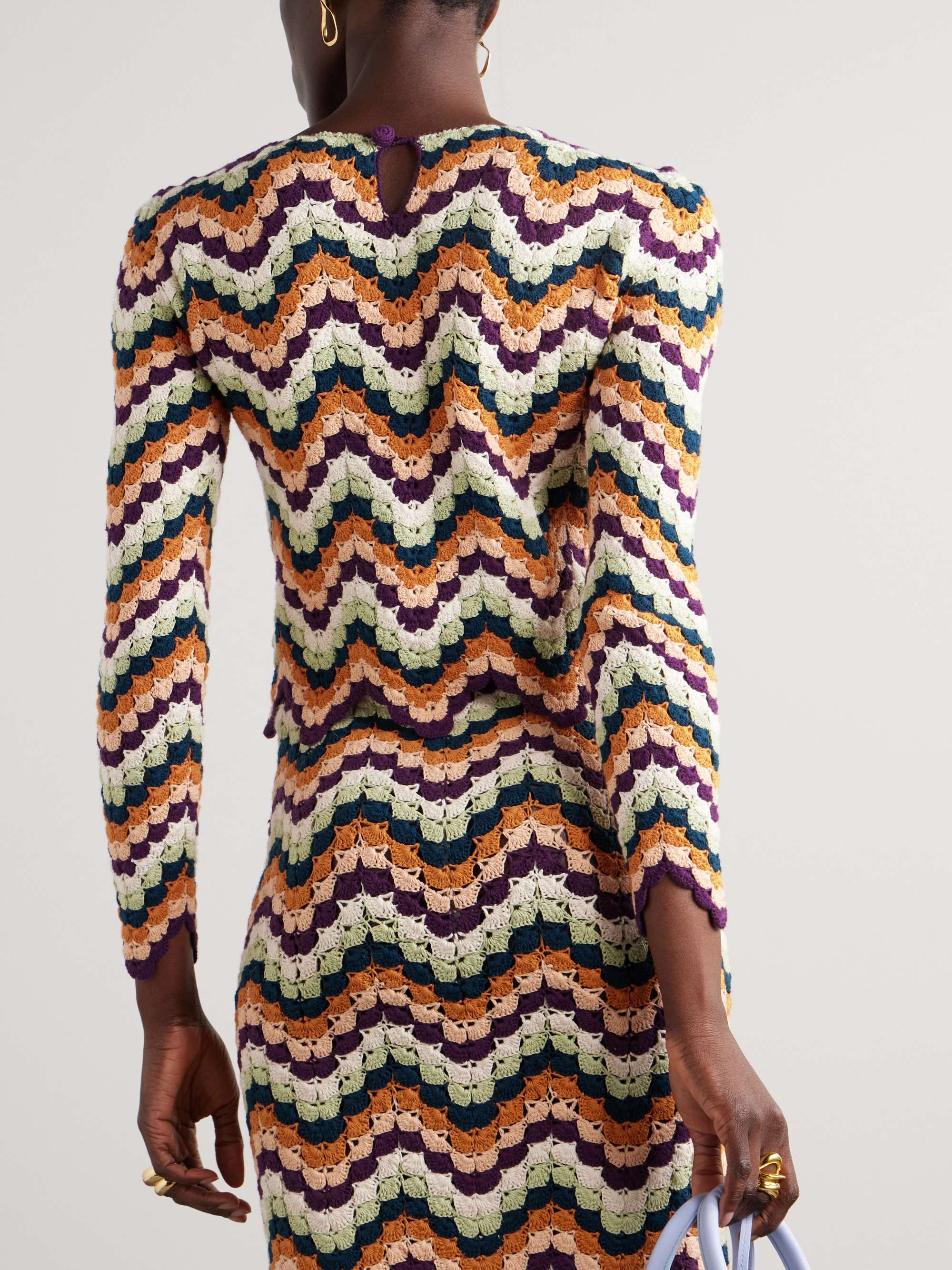 Safi Pesca scalloped striped crocheted organic cotton top view