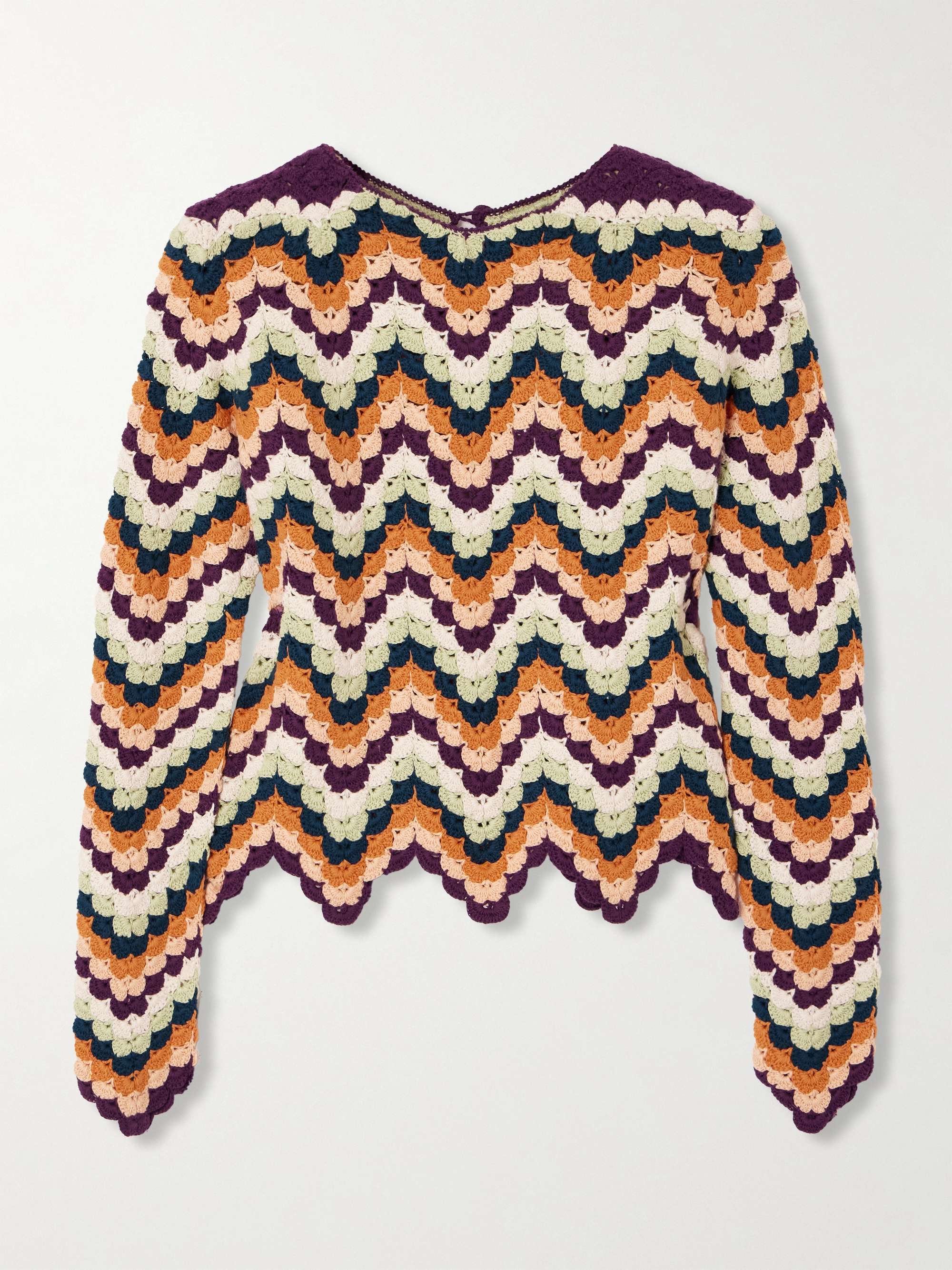 Safi Pesca scalloped striped crocheted organic cotton top view