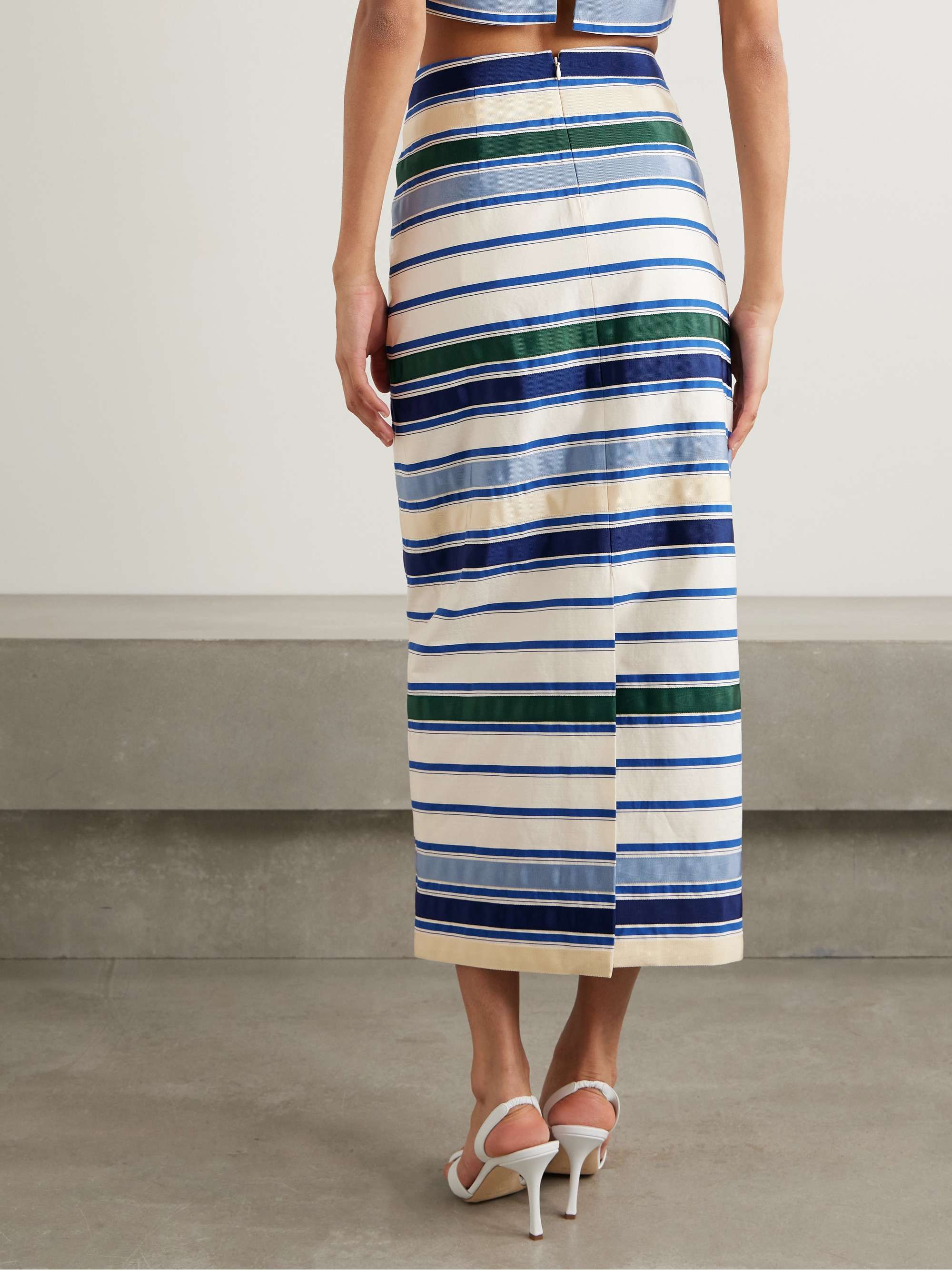 Ribbon grosgrain-trimmed striped herringbone cotton-blend midi skirt view