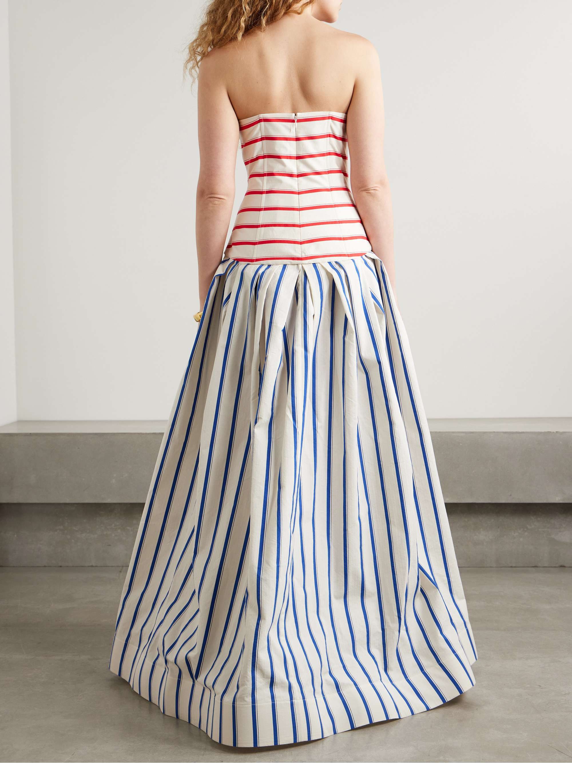 Strapless pleated striped herringbone cotton-blend maxi dress view