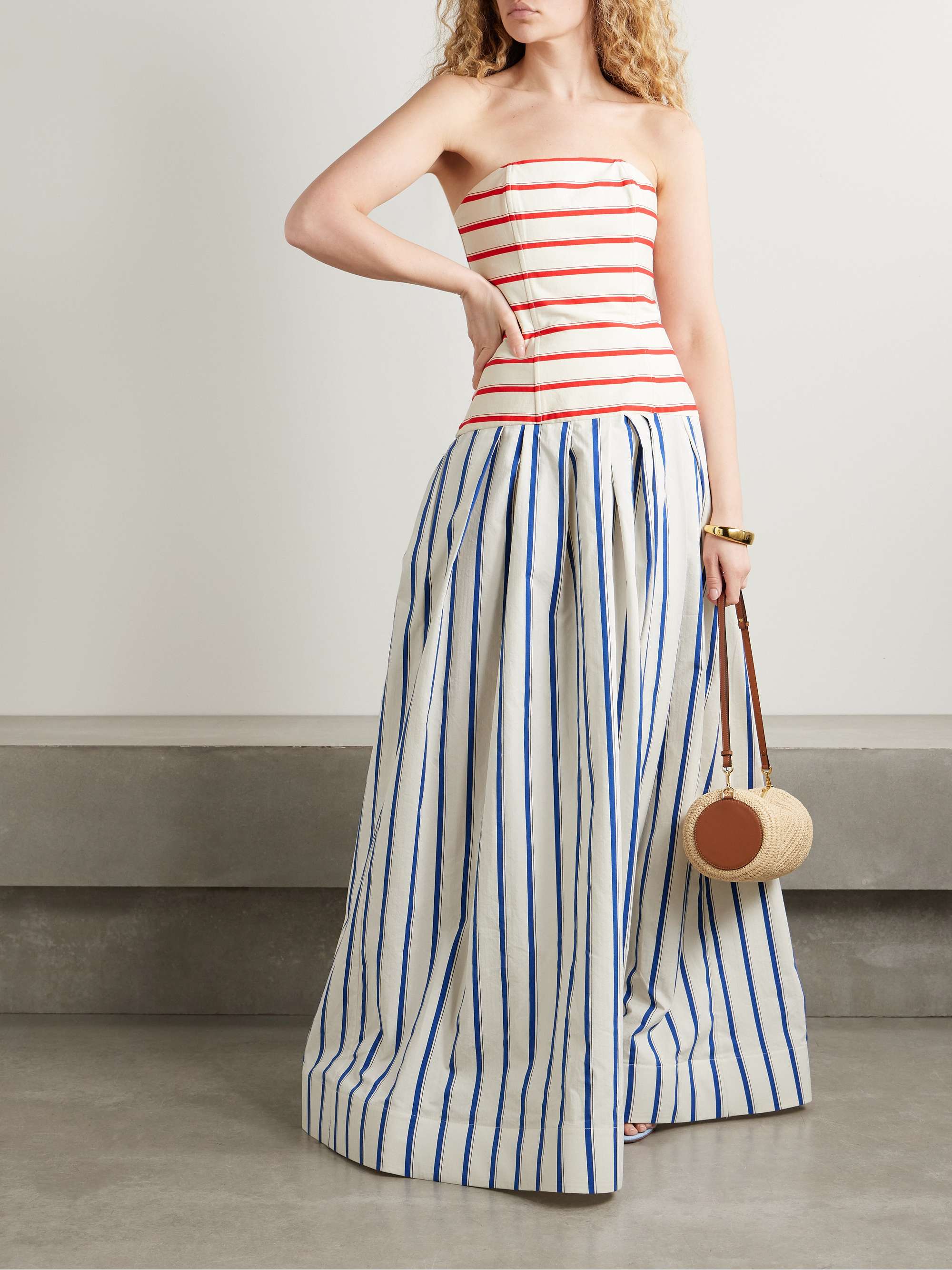 Strapless pleated striped herringbone cotton-blend maxi dress view