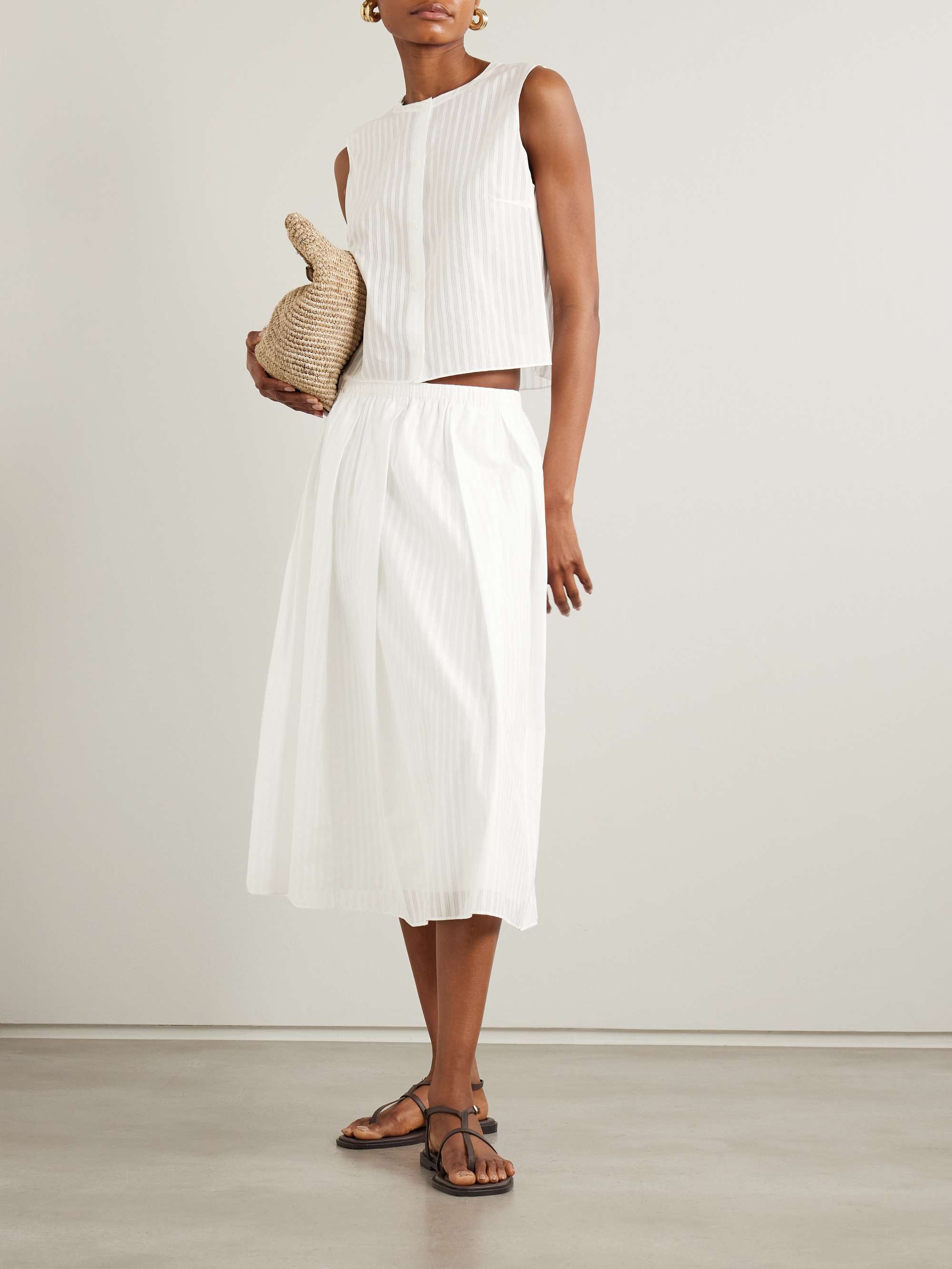 Pleated striped cotton-poplin midi skirt view