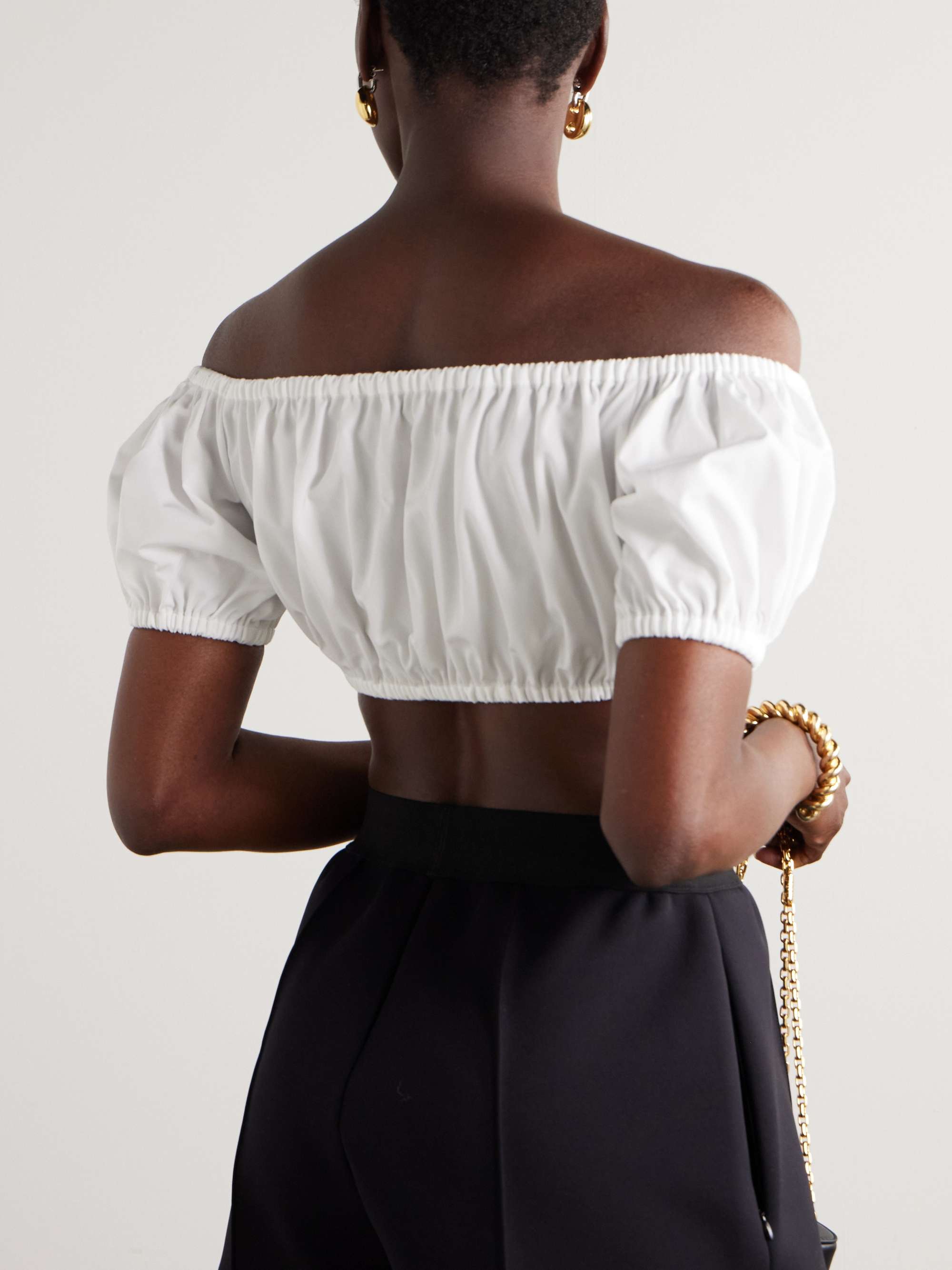Off-the-shoulder cropped gathered cotton-poplin top view