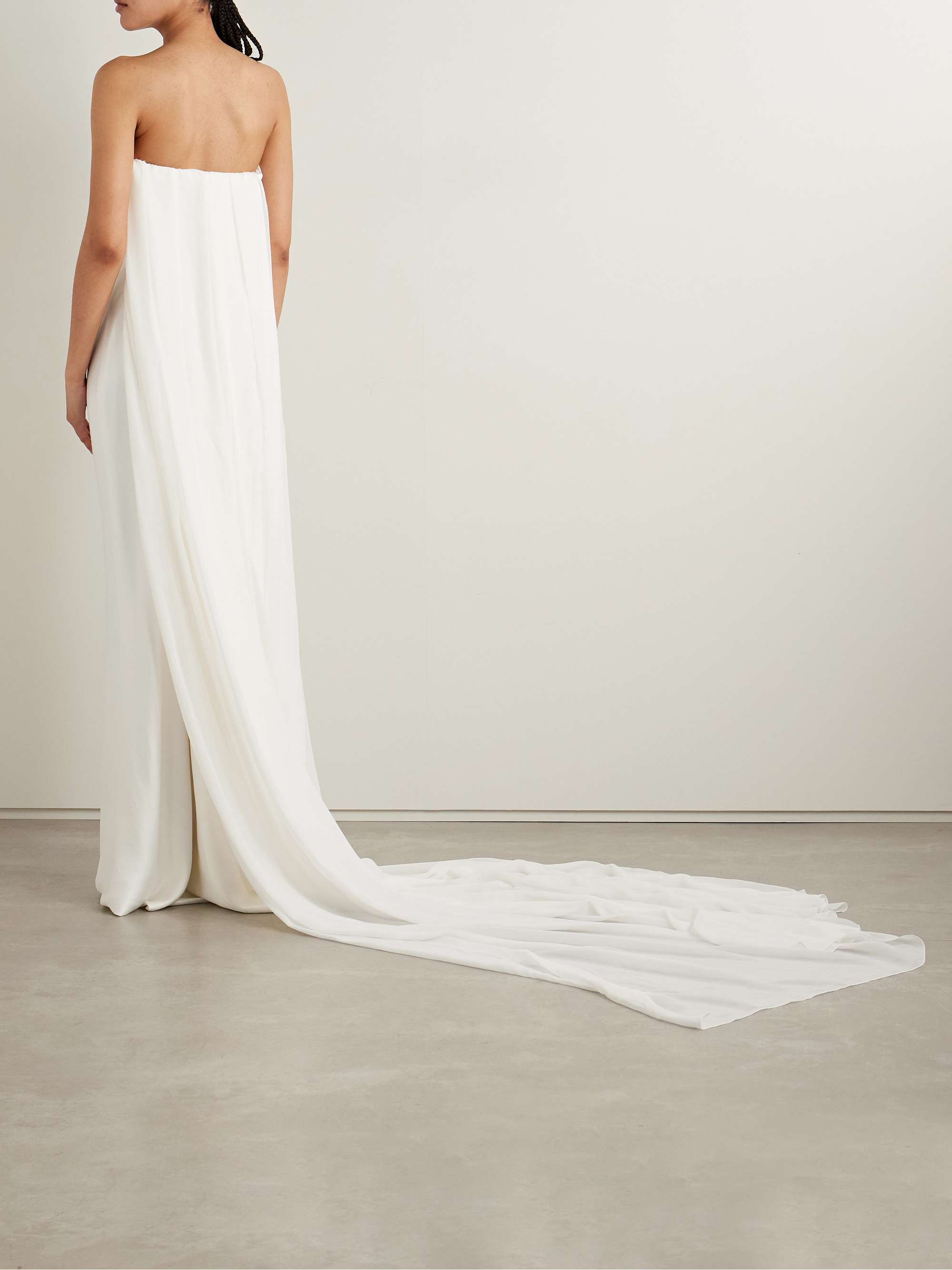 Galaxy cape-effect strapless organic silk chiffon-trimmed satin gown view