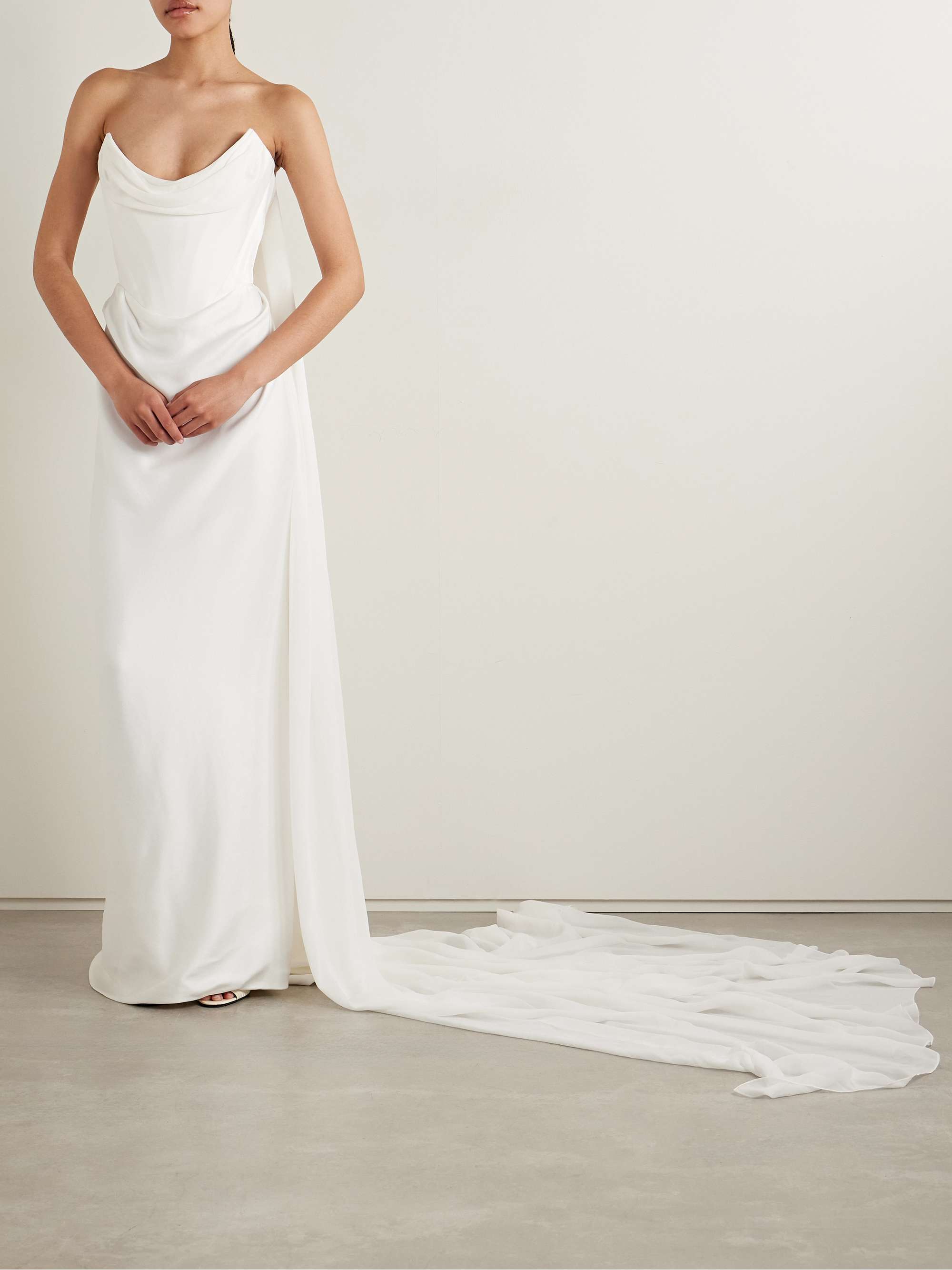 Galaxy cape-effect strapless organic silk chiffon-trimmed satin gown view
