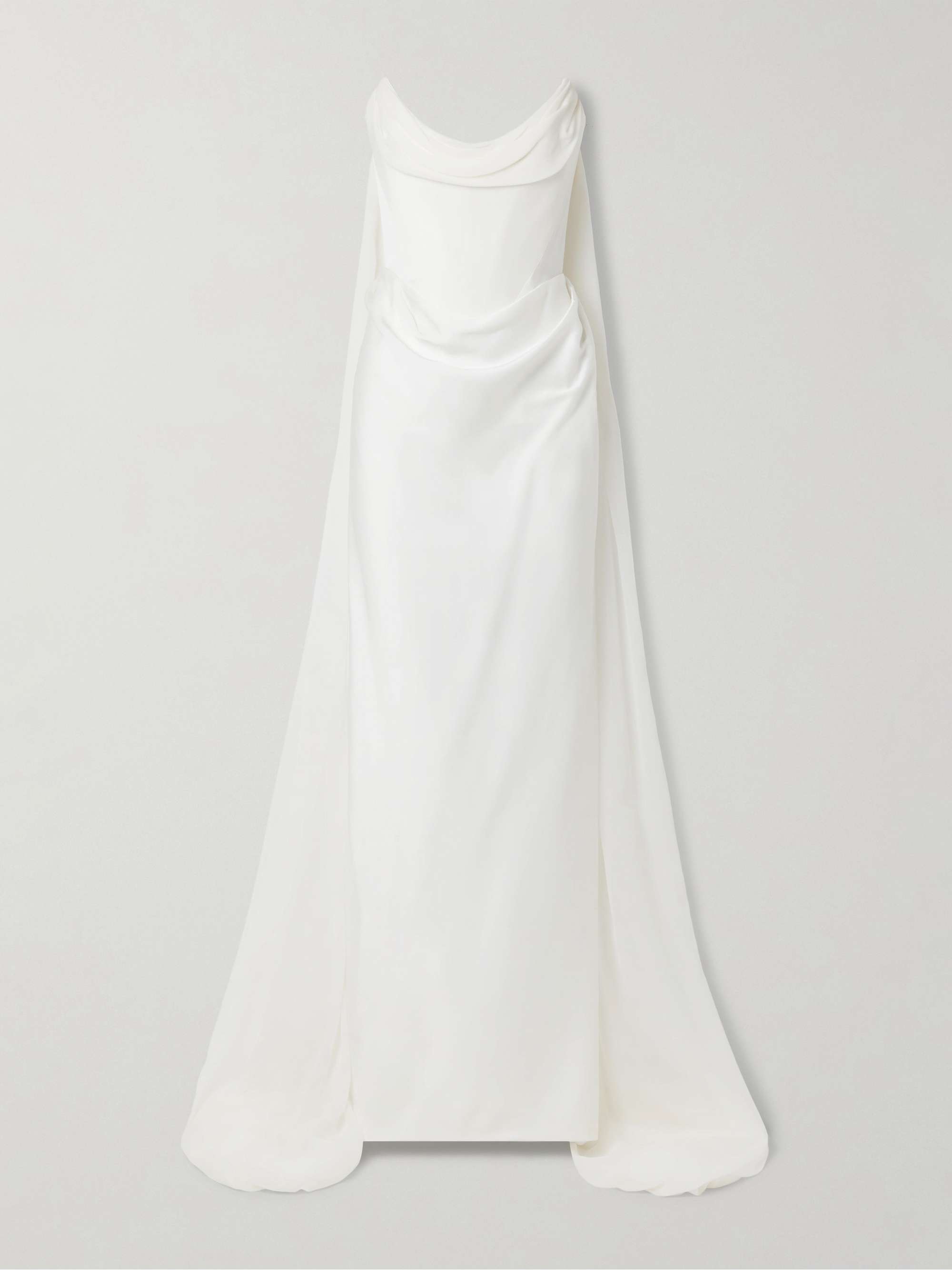 Galaxy cape-effect strapless organic silk chiffon-trimmed satin gown view