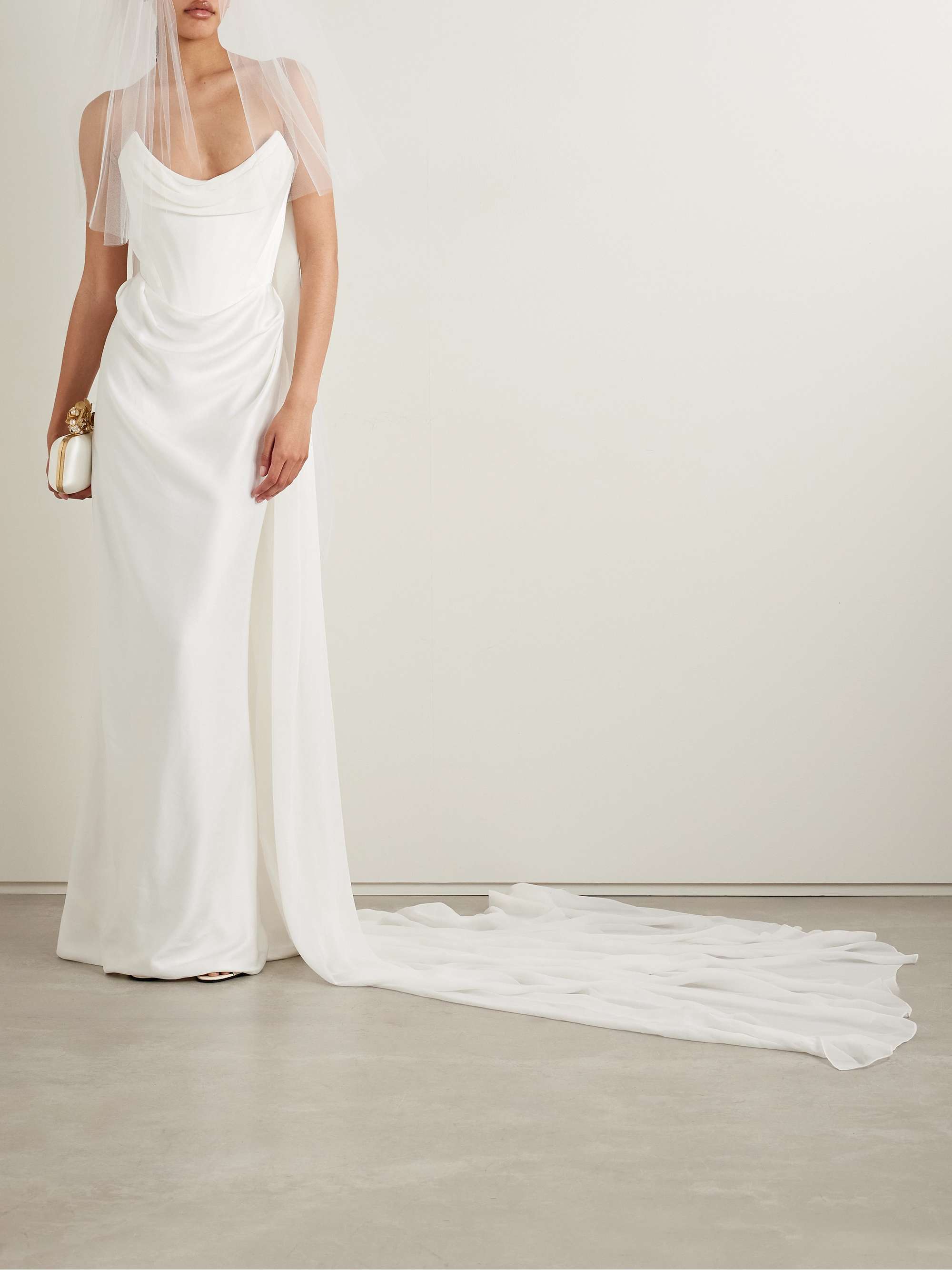 Galaxy cape-effect strapless organic silk chiffon-trimmed satin gown view