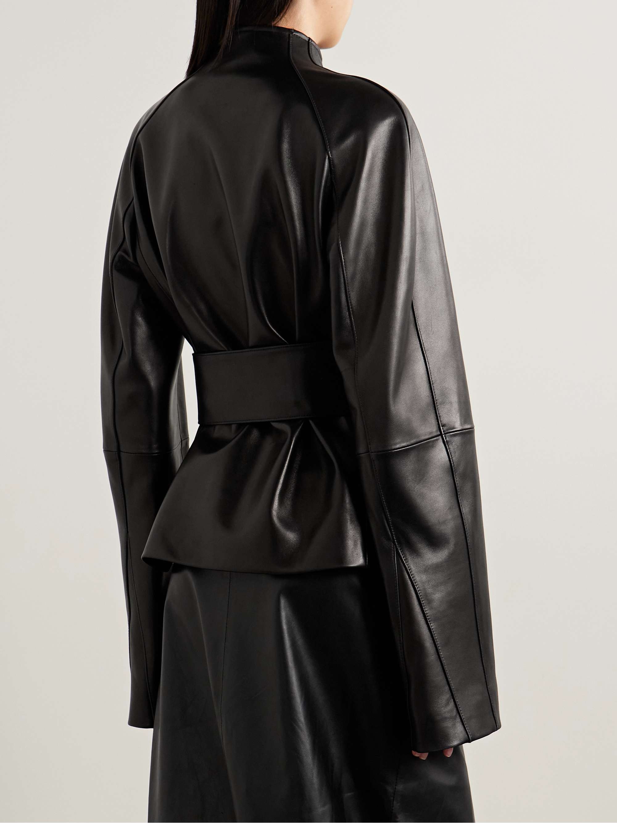 Edith asymmetric belted leather jacket view