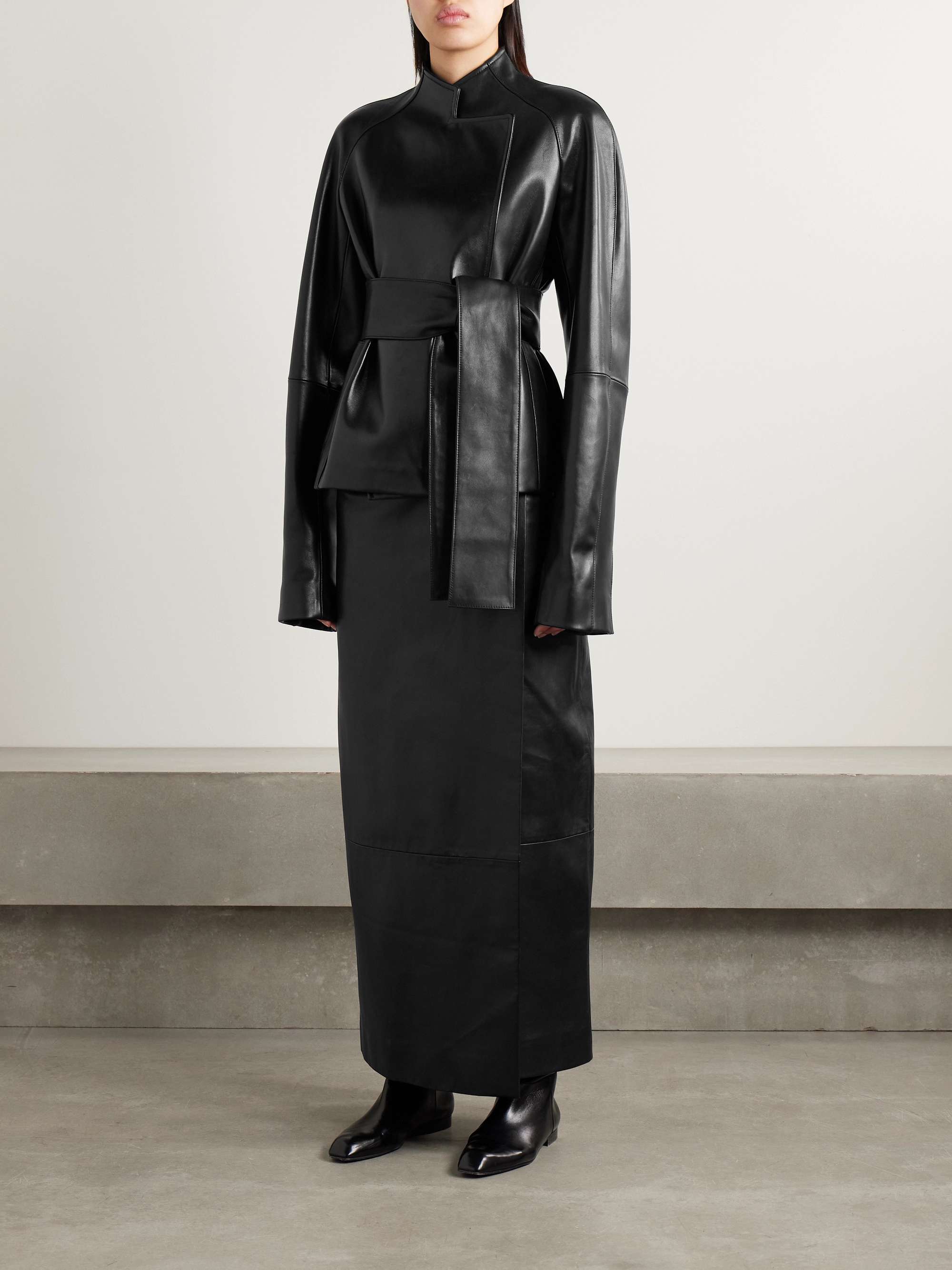 Edith asymmetric belted leather jacket view
