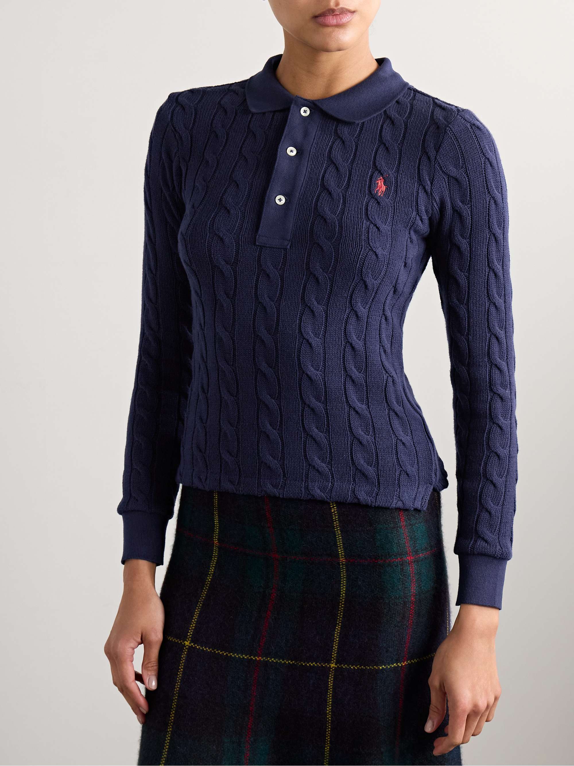 Cable-knit cotton polo sweater view