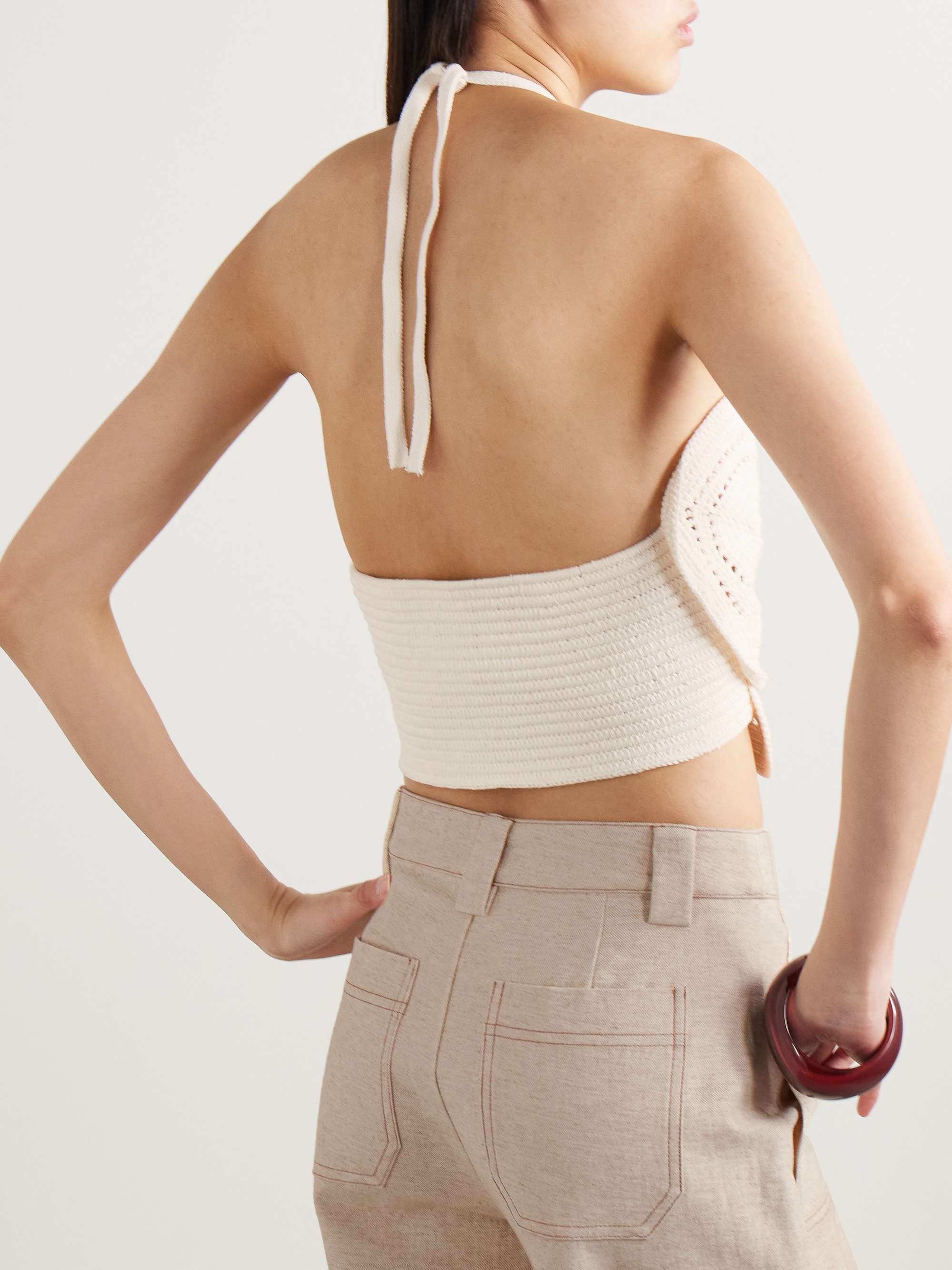 Emelia cropped crocheted cotton halterneck top view
