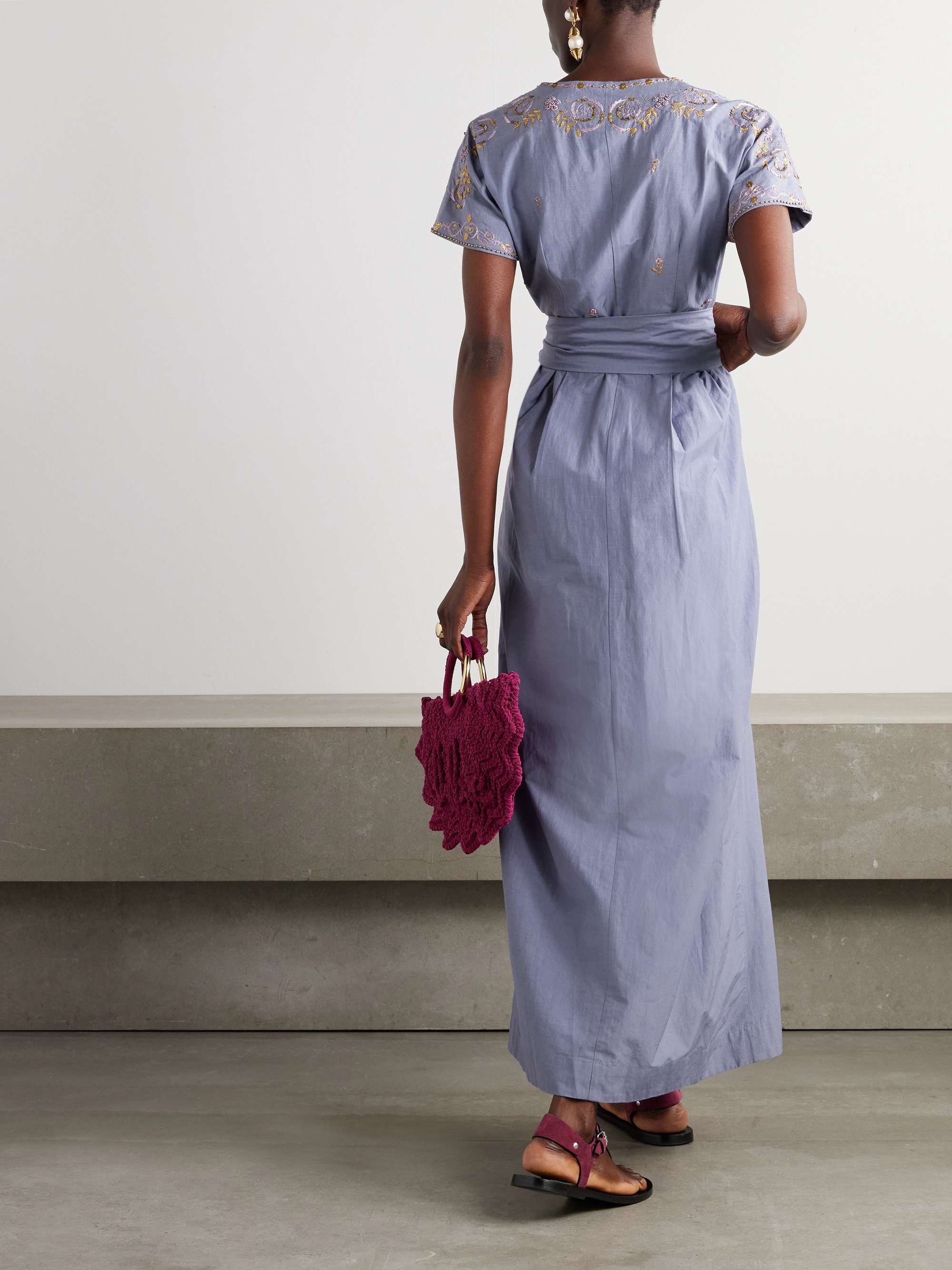 Embellished embroidered cotton and silk-blend maxi wrap dress view