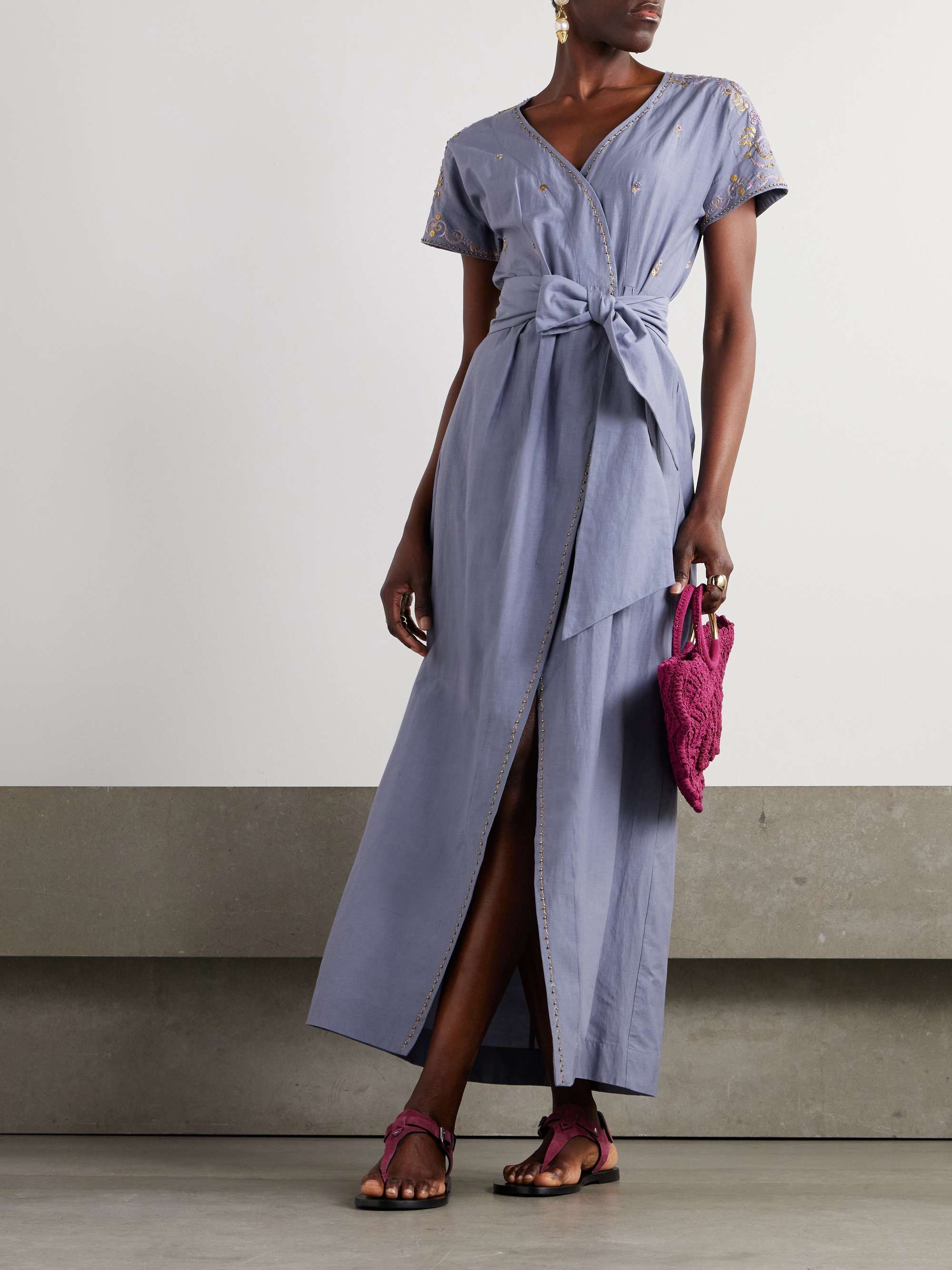 Embellished embroidered cotton and silk-blend maxi wrap dress view