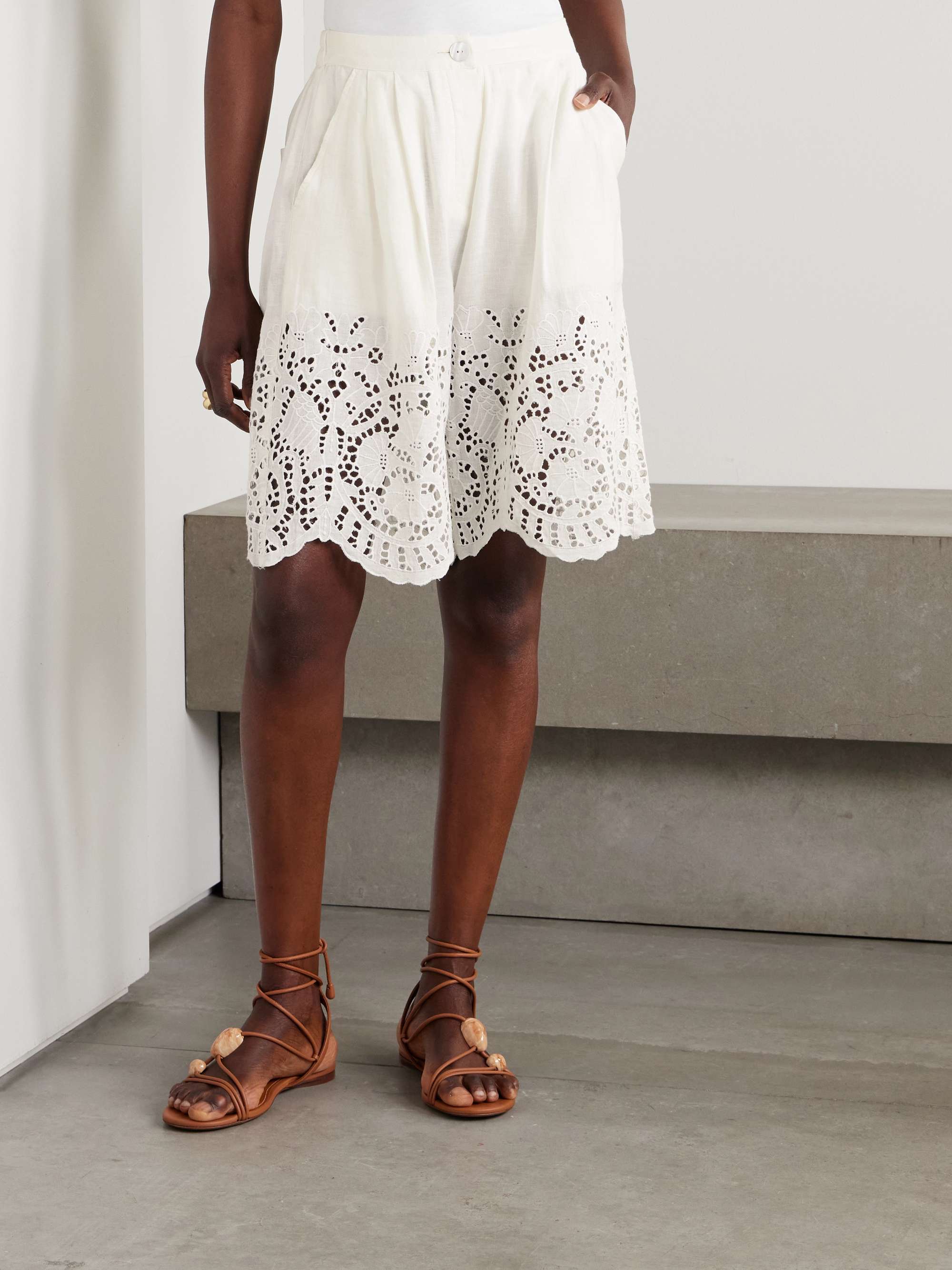 Scalloped pleated broderie anglaise linen and cotton-blend shorts view
