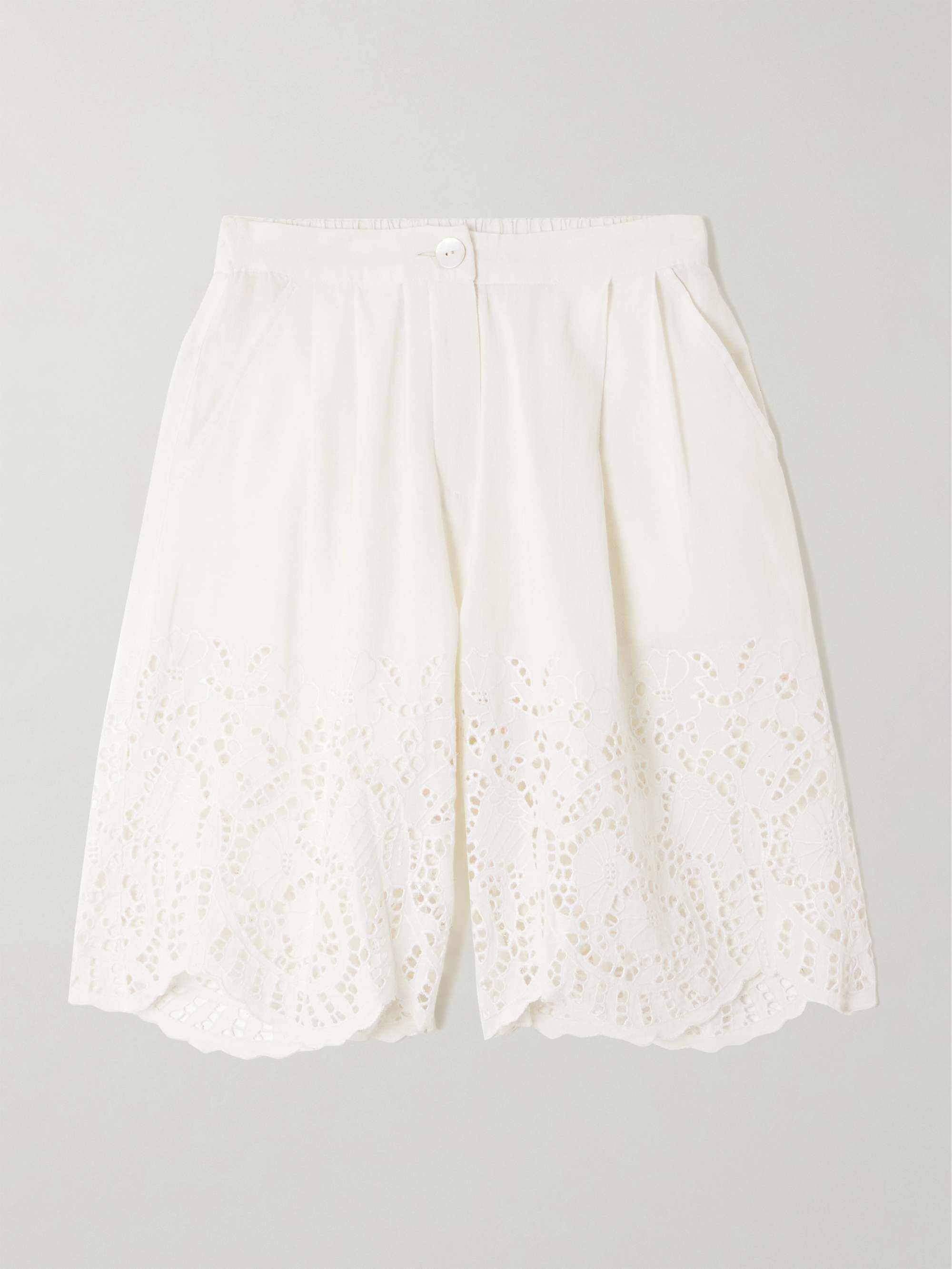 Scalloped pleated broderie anglaise linen and cotton-blend shorts view