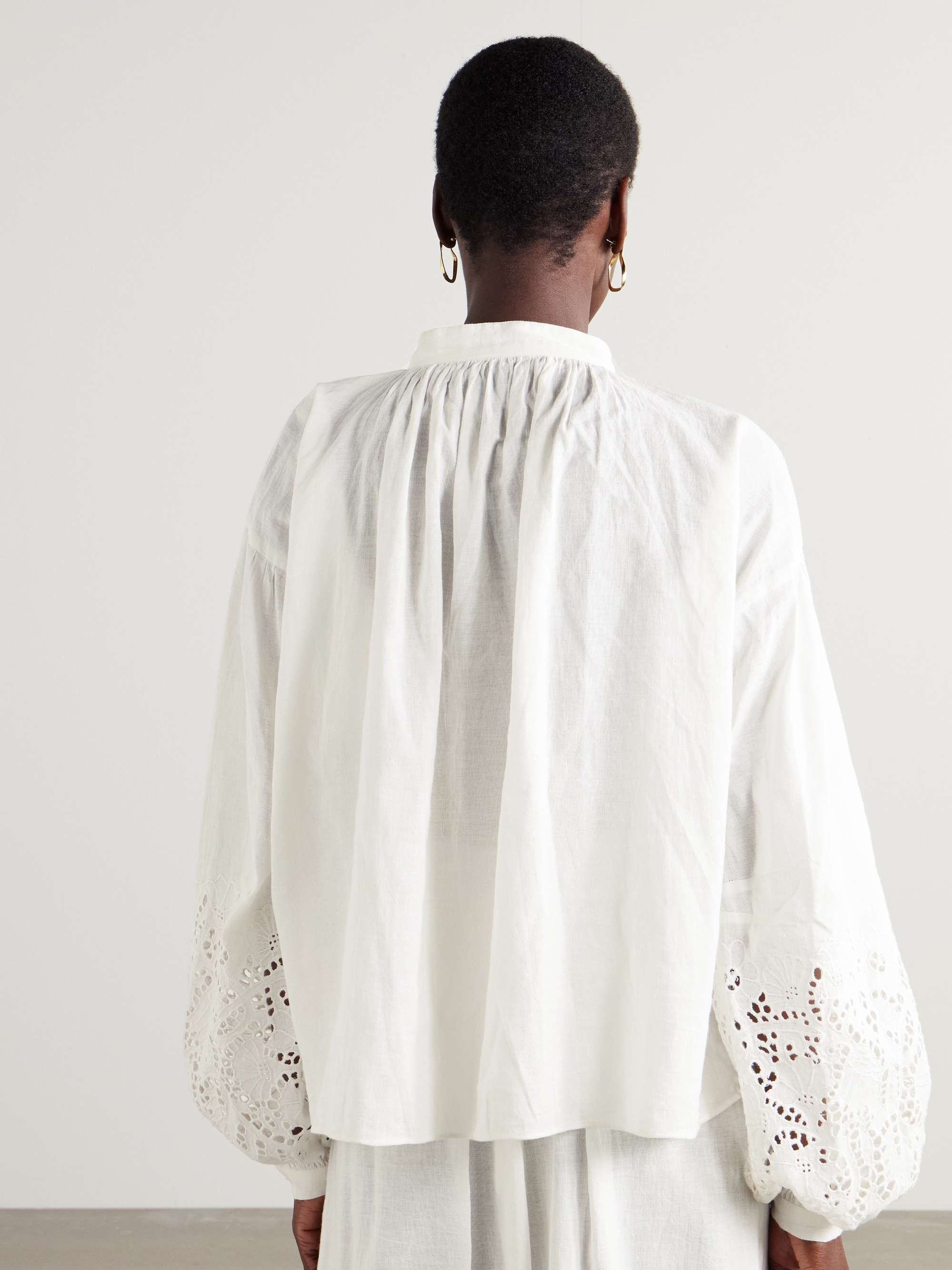 Gathered broderie anglaise linen and cotton-blend blouse view