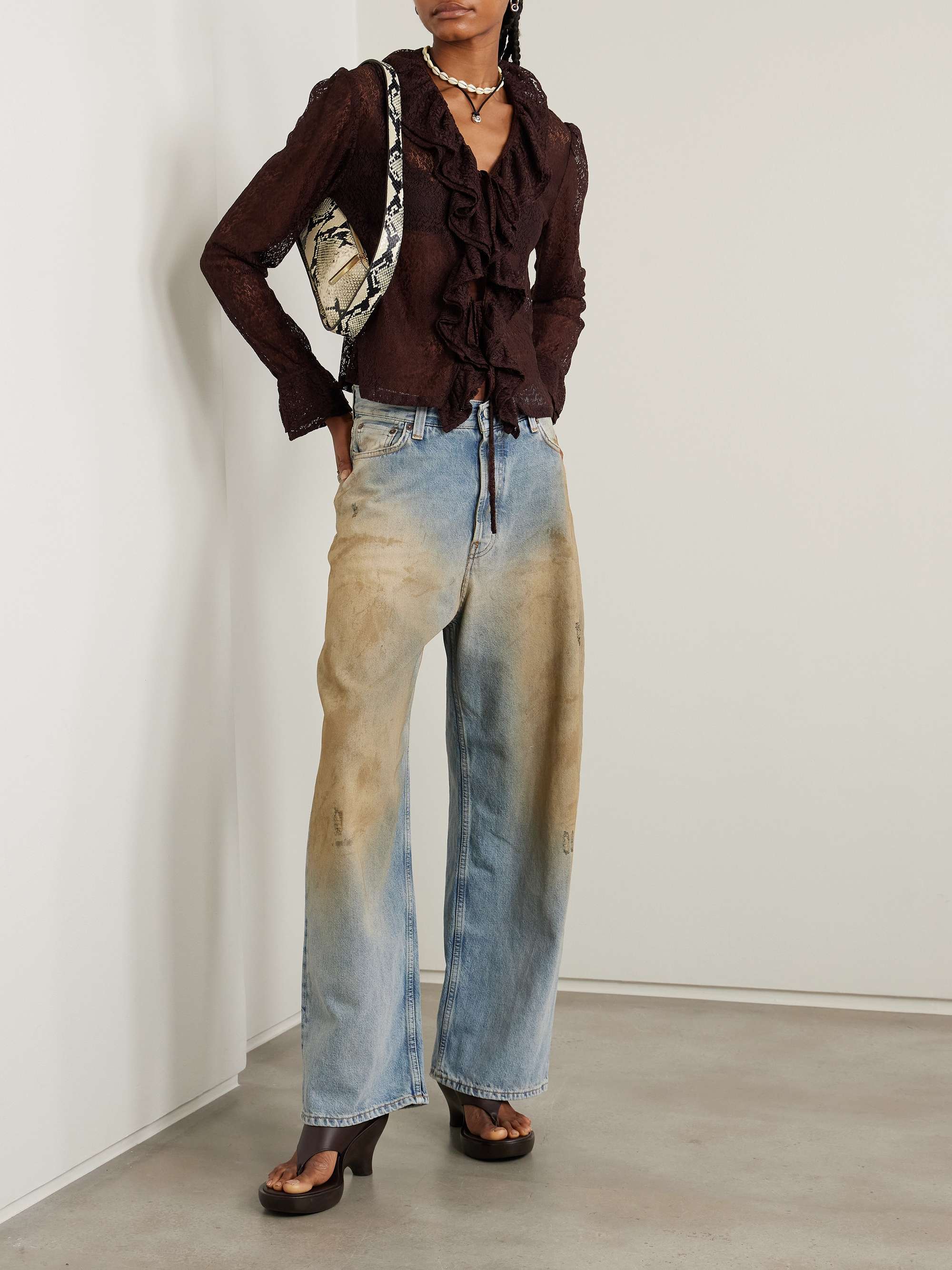 Distressed organic mid-rise wide-leg jeans view