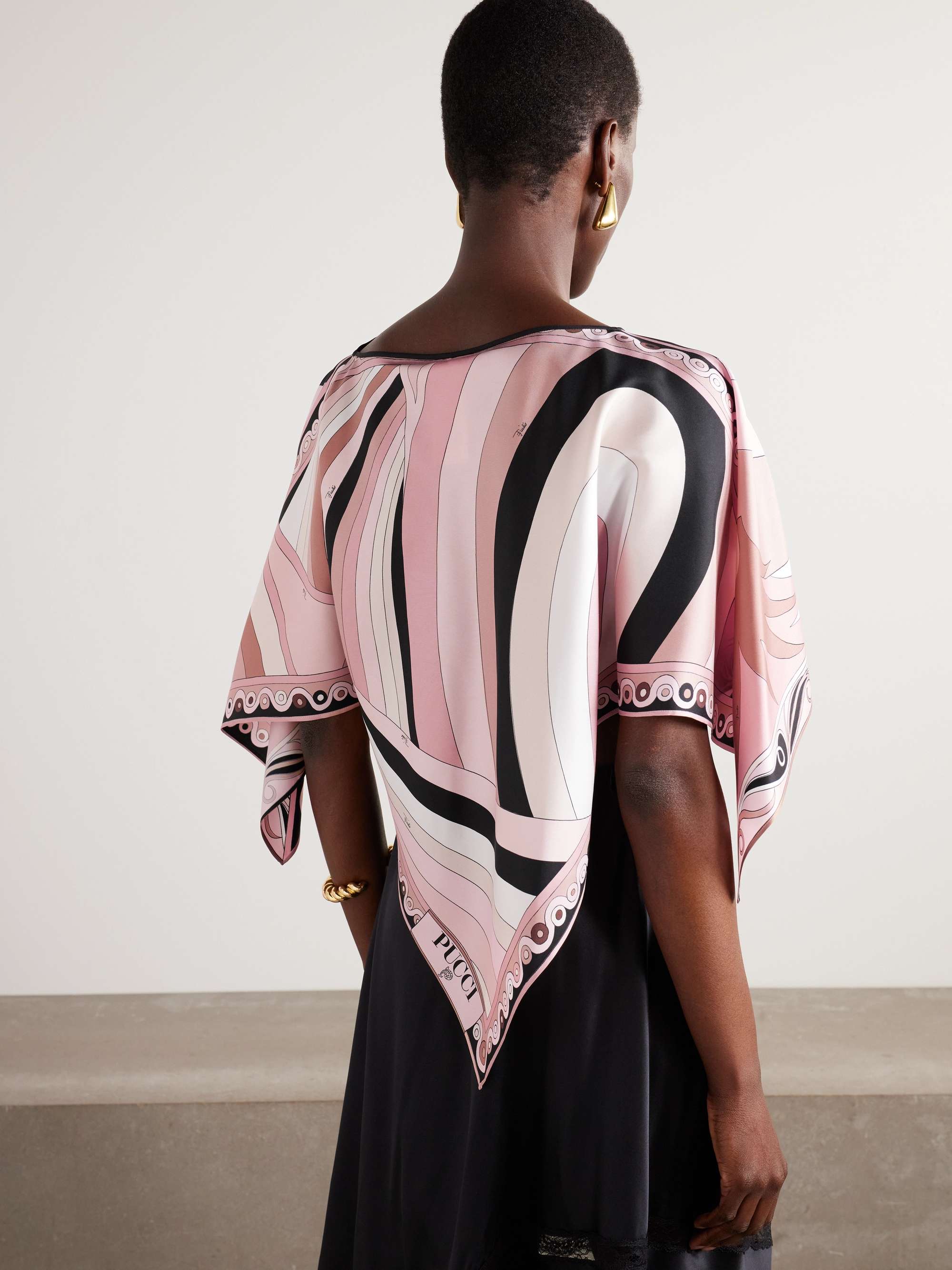 Asymmetric printed silk-twill top view