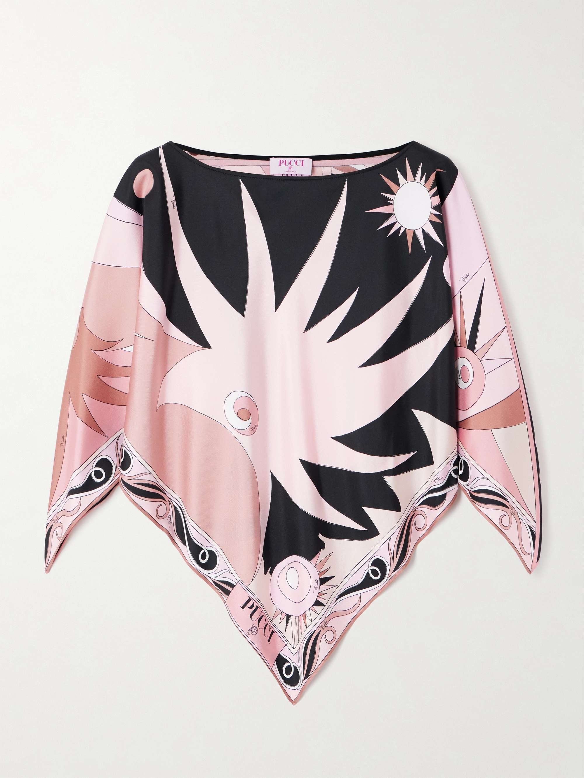 Asymmetric printed silk-twill top view