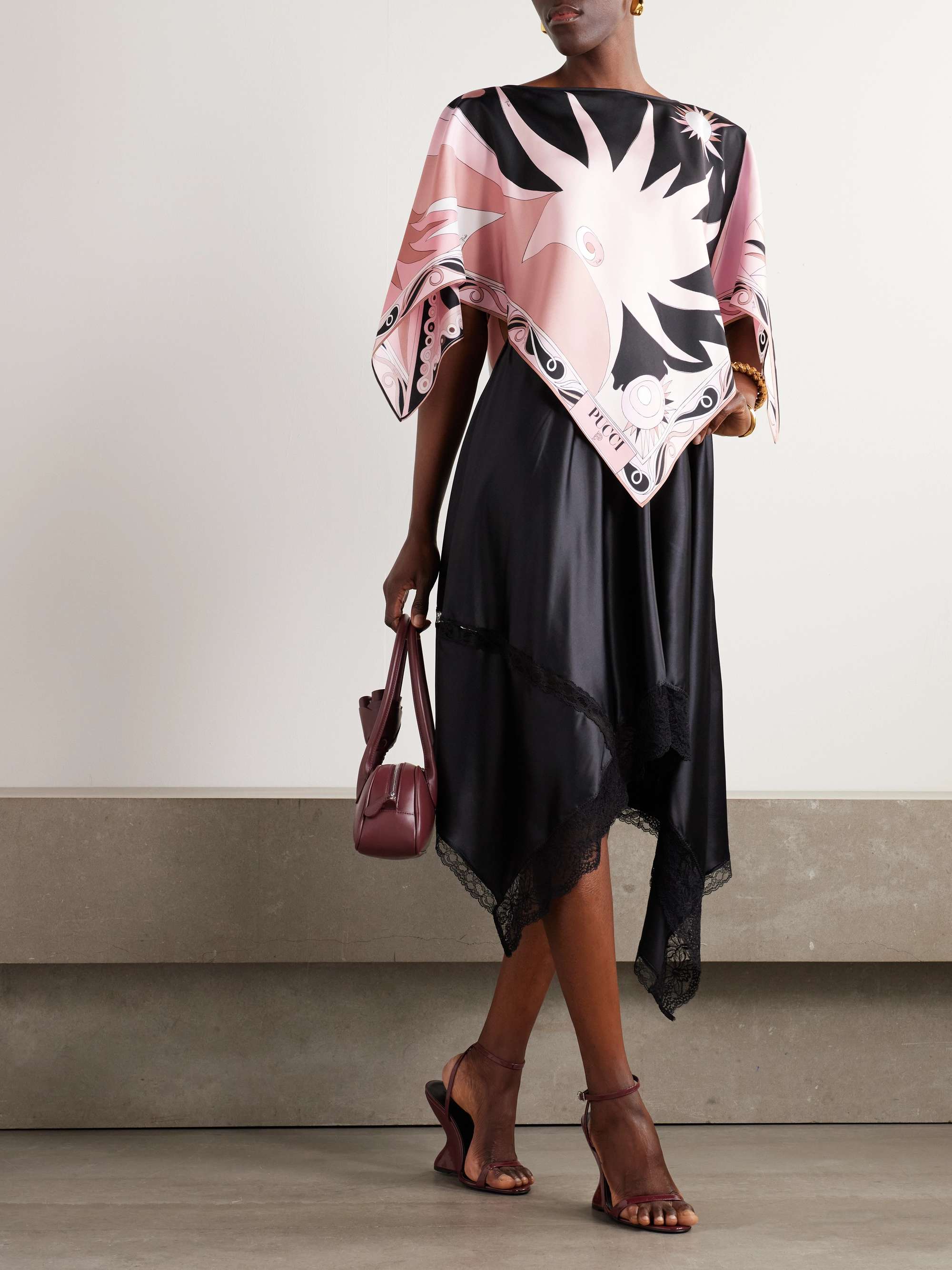 Asymmetric printed silk-twill top view