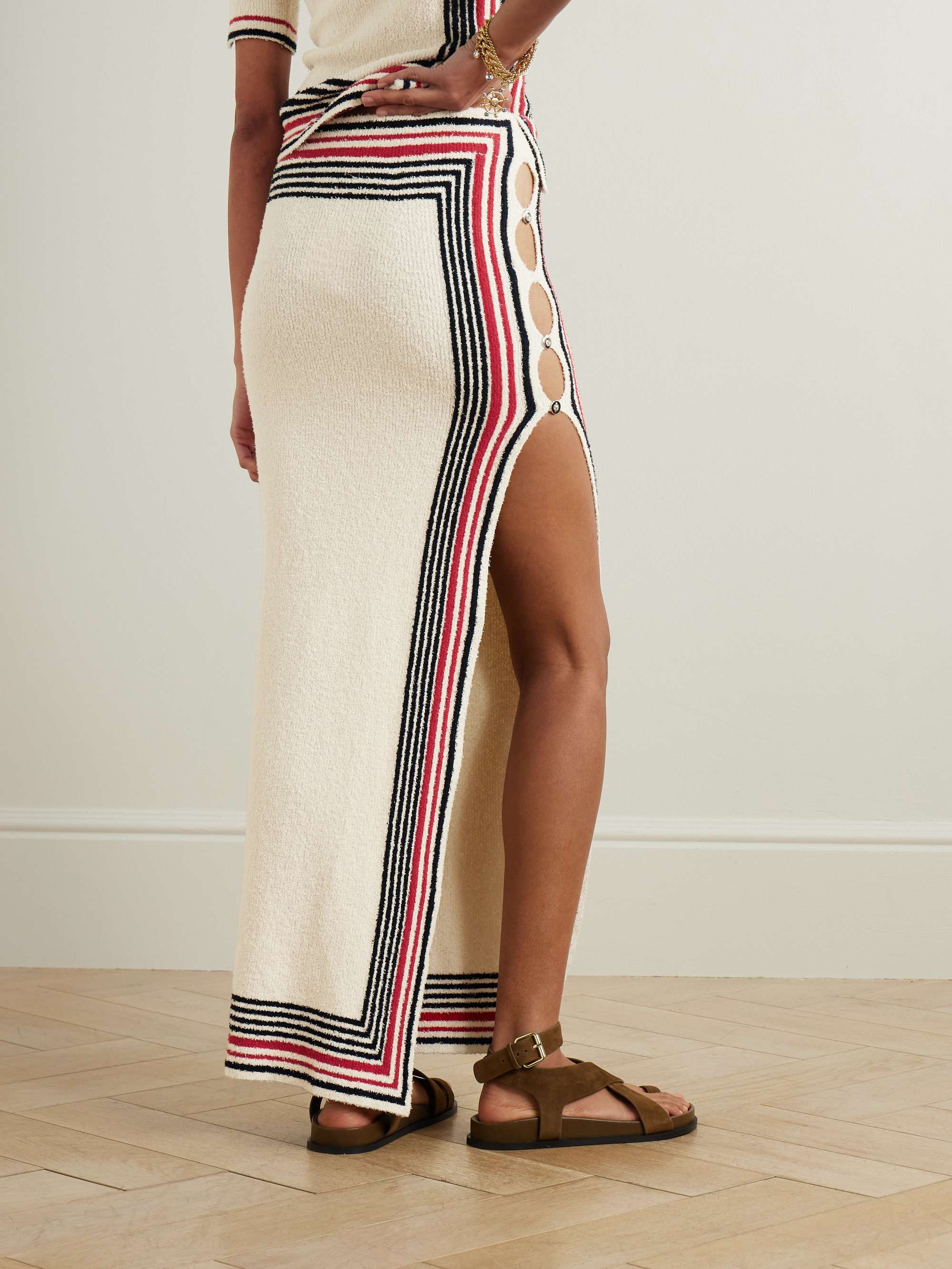 Button-embellished striped cotton-blend chenille midi skirt view
