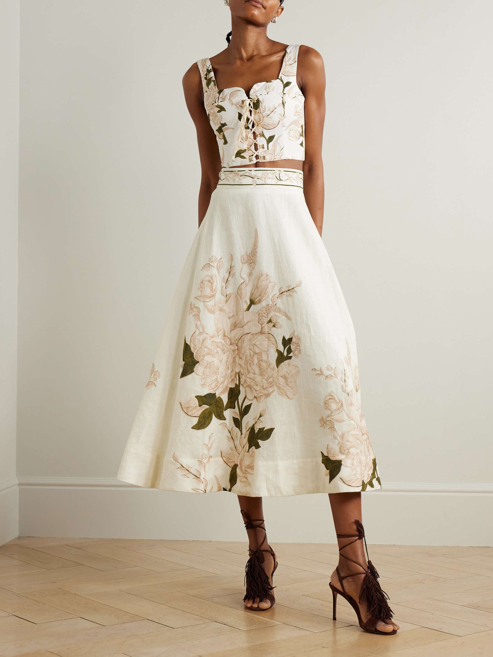 Reserva cropped lace-up floral-print linen bustier top view