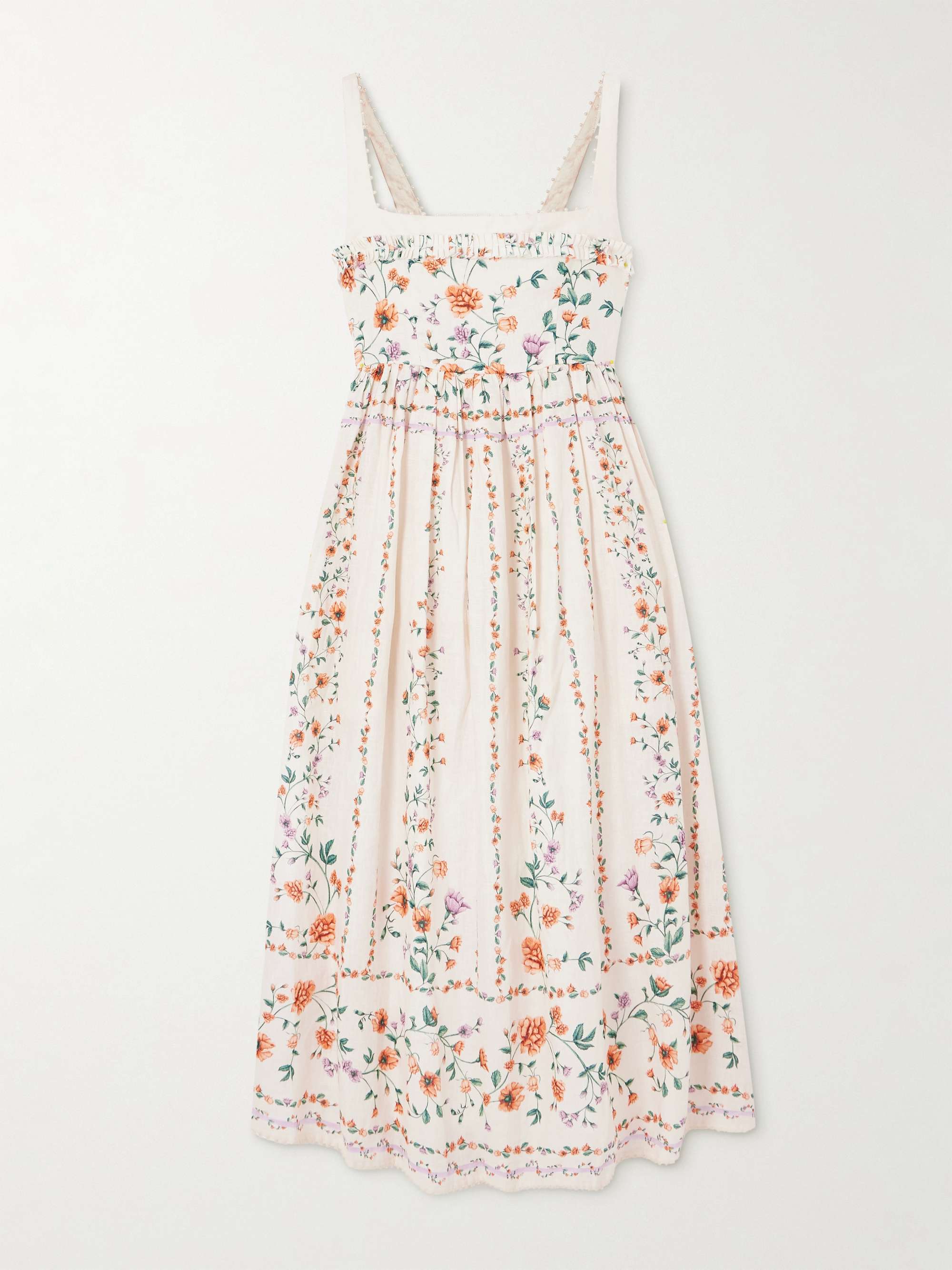 Barbara pleated bead-embellished floral-print linen midi dress view