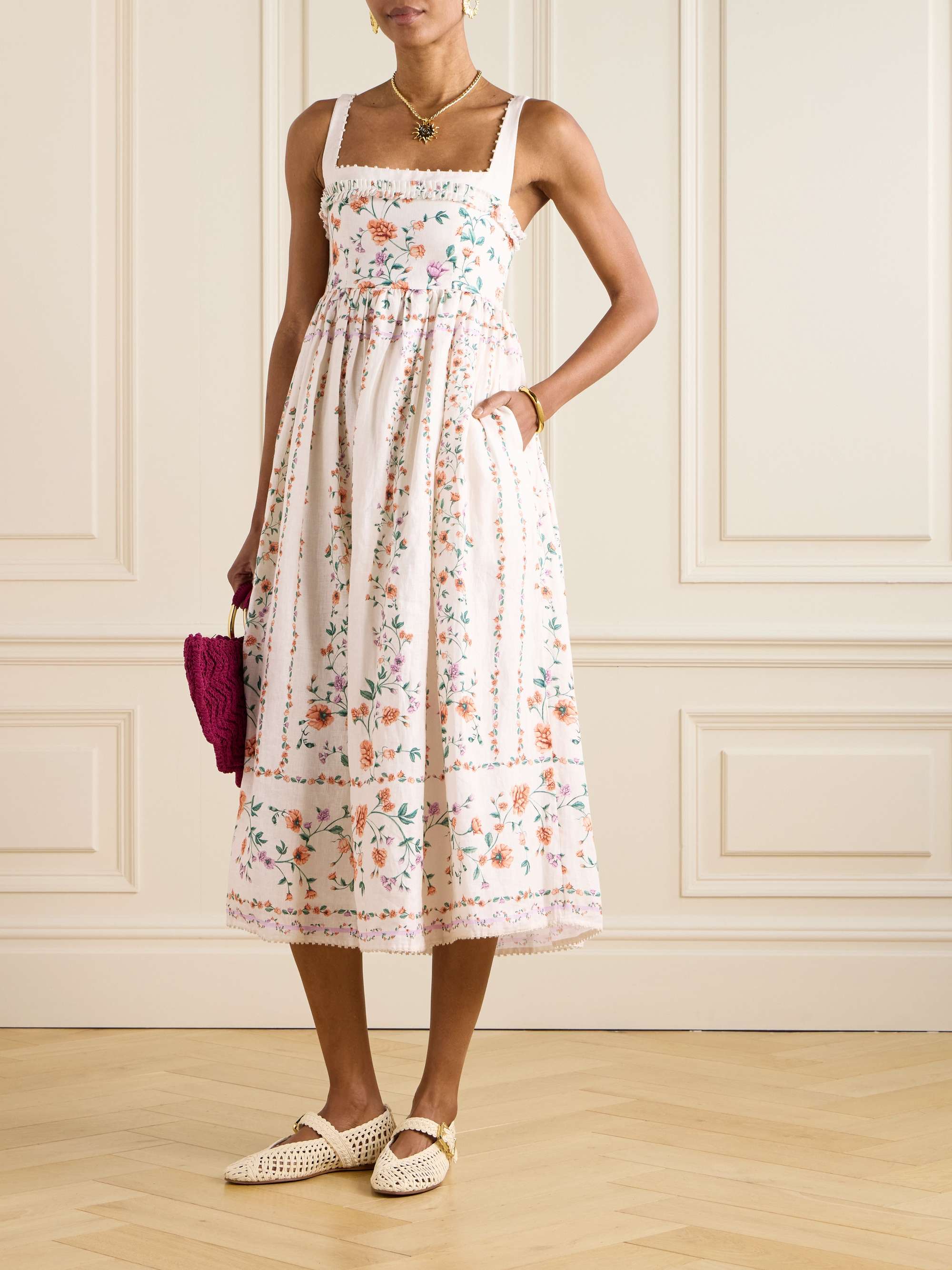 Barbara pleated bead-embellished floral-print linen midi dress view