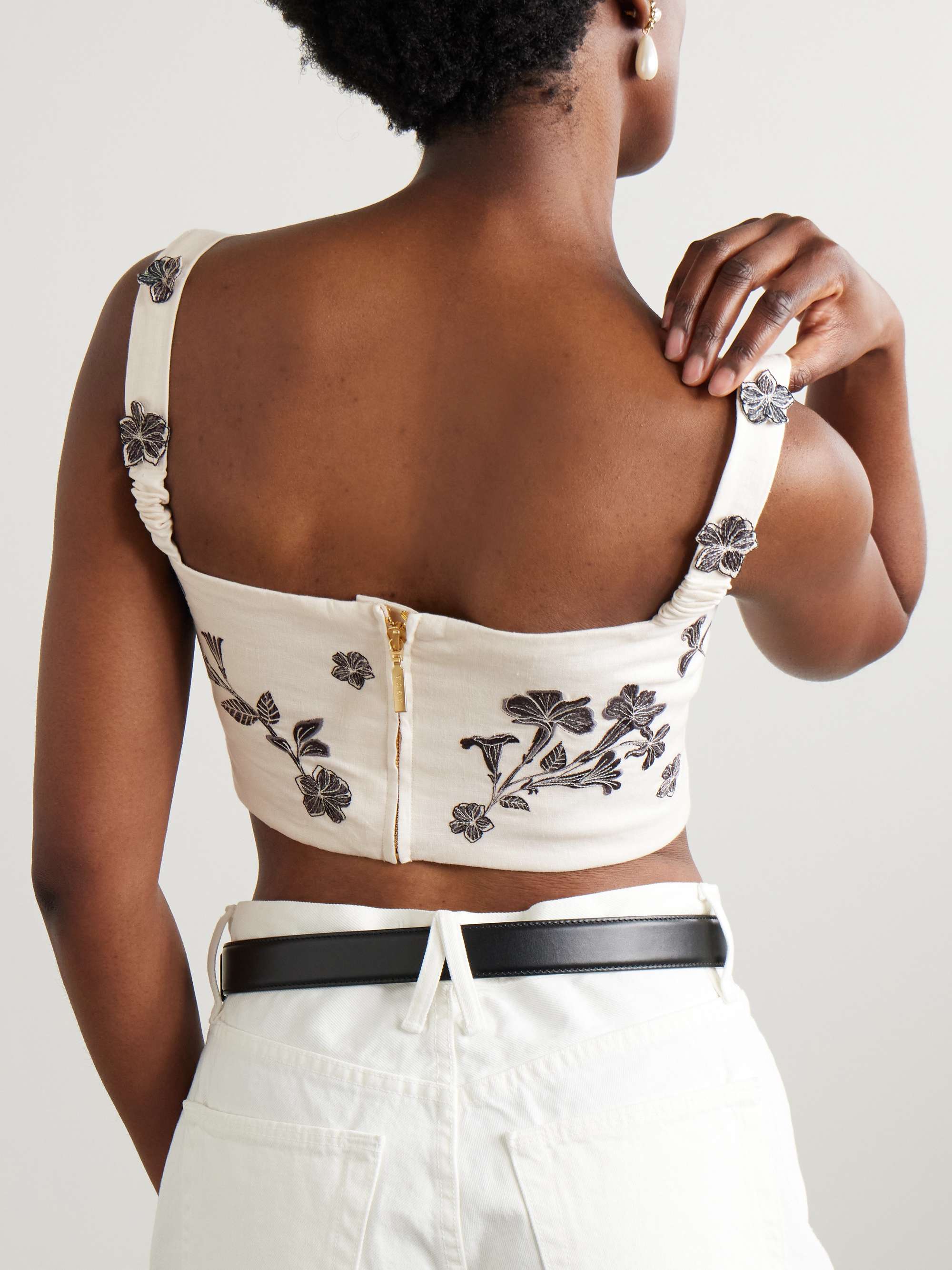 Cacao Guayacan cropped appliquéd embroidered linen top view