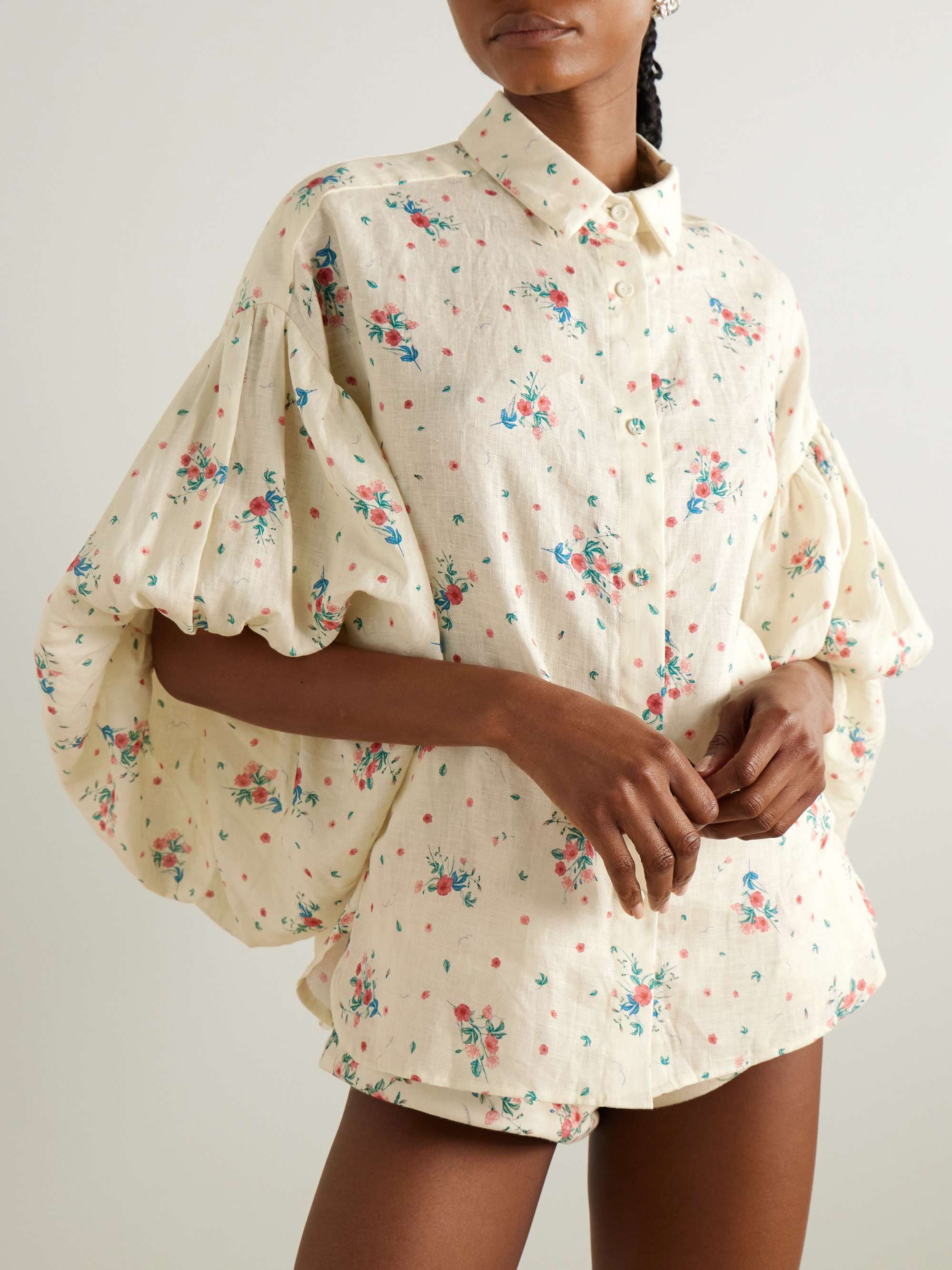 Agar Mosqueta gathered floral-print linen shirt view