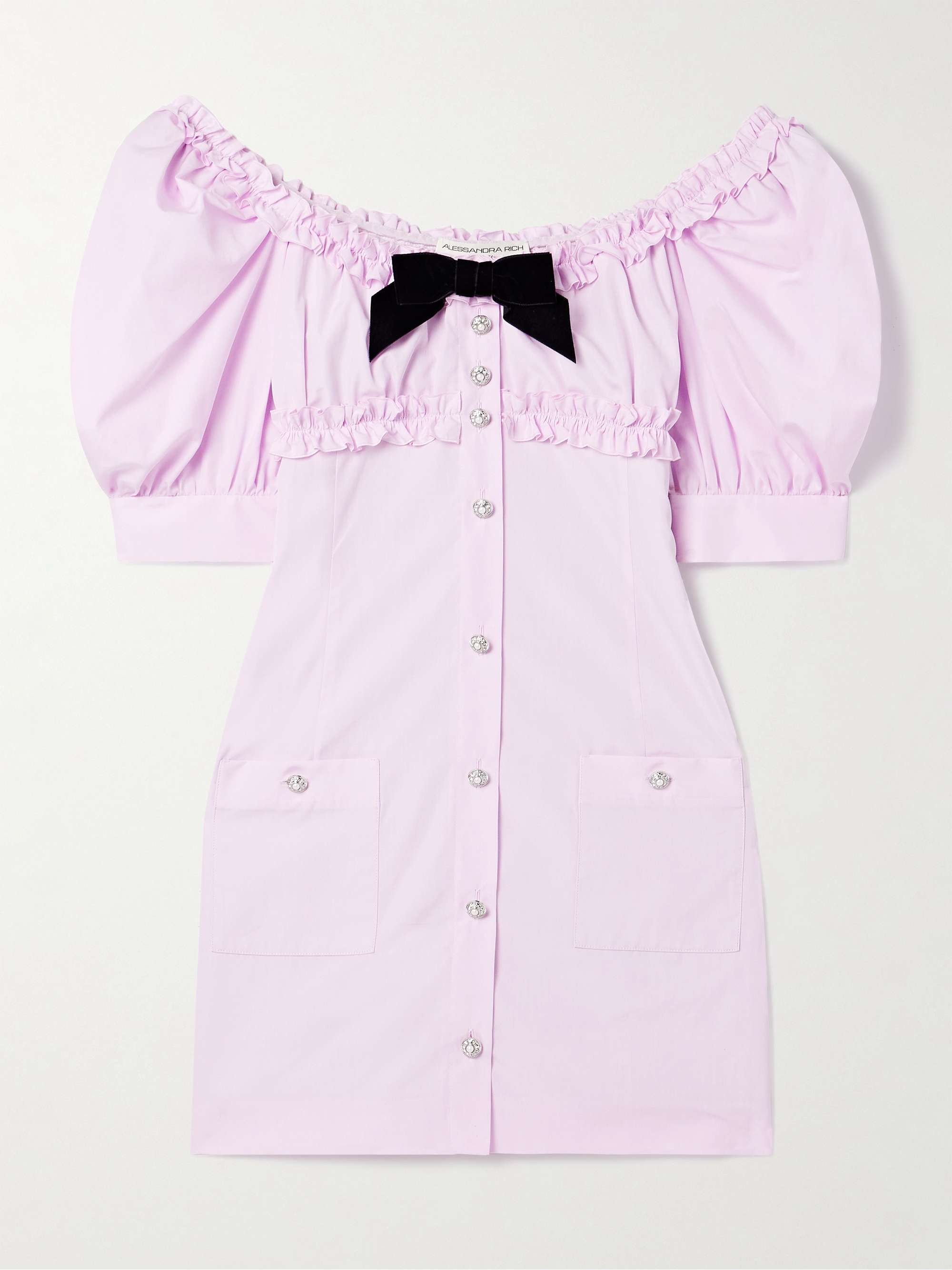 Velvet-trimmed ruffled cotton-poplin mini dress view
