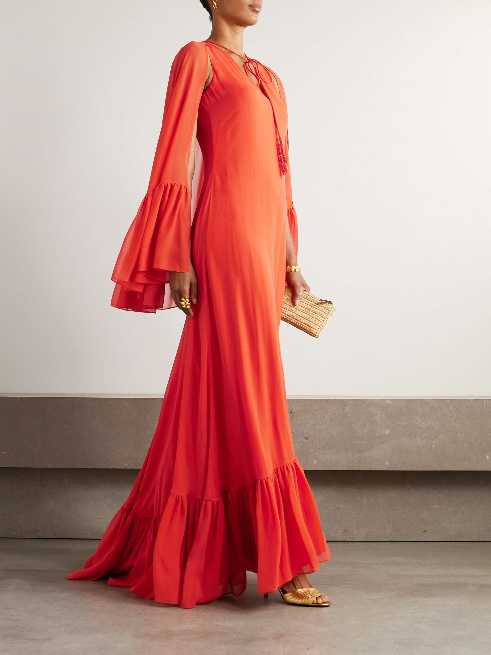 Cape-effect ruffled silk-georgette gown view