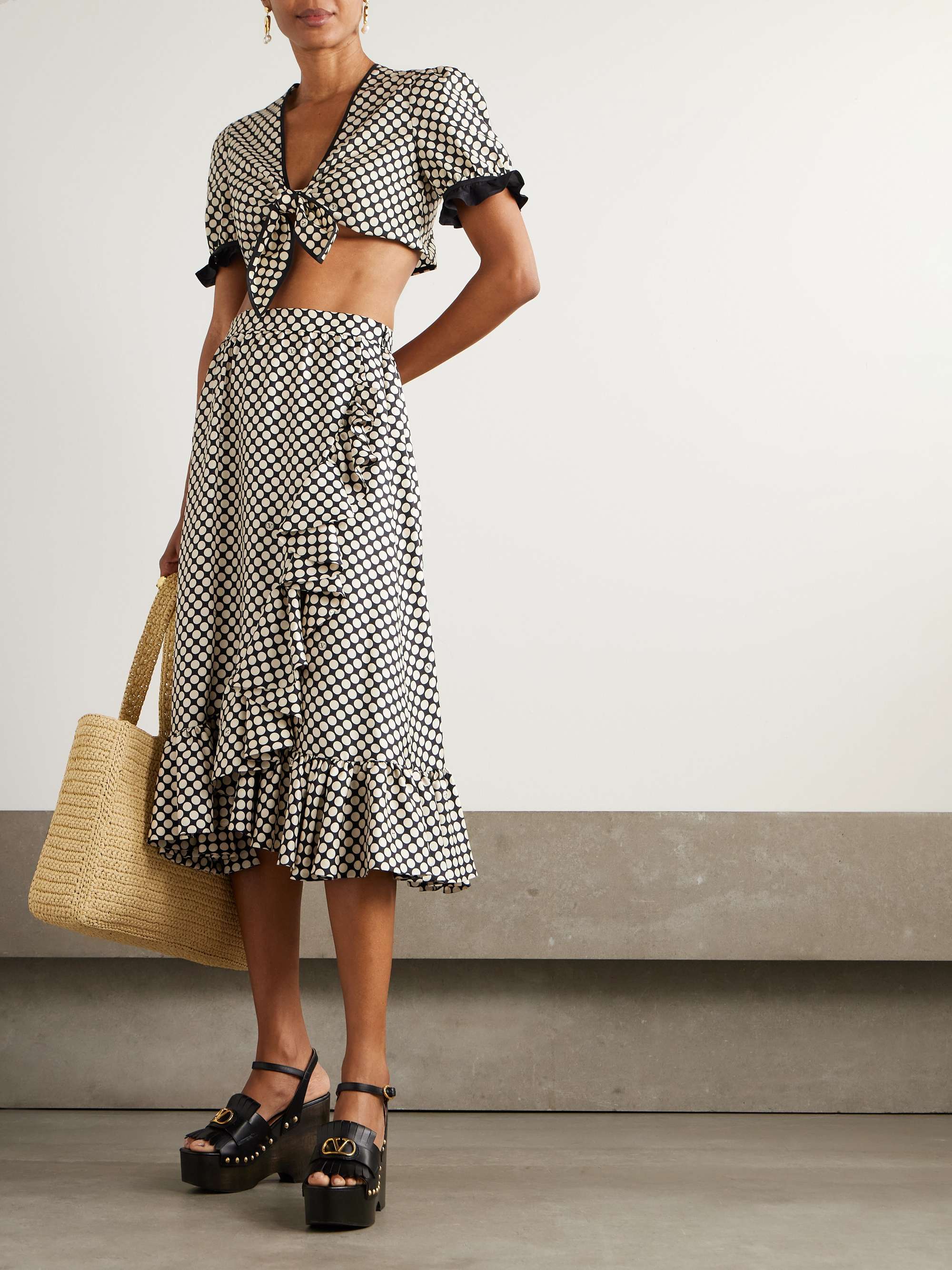 Cropped ruffled polka-dot cotton-poplin top view