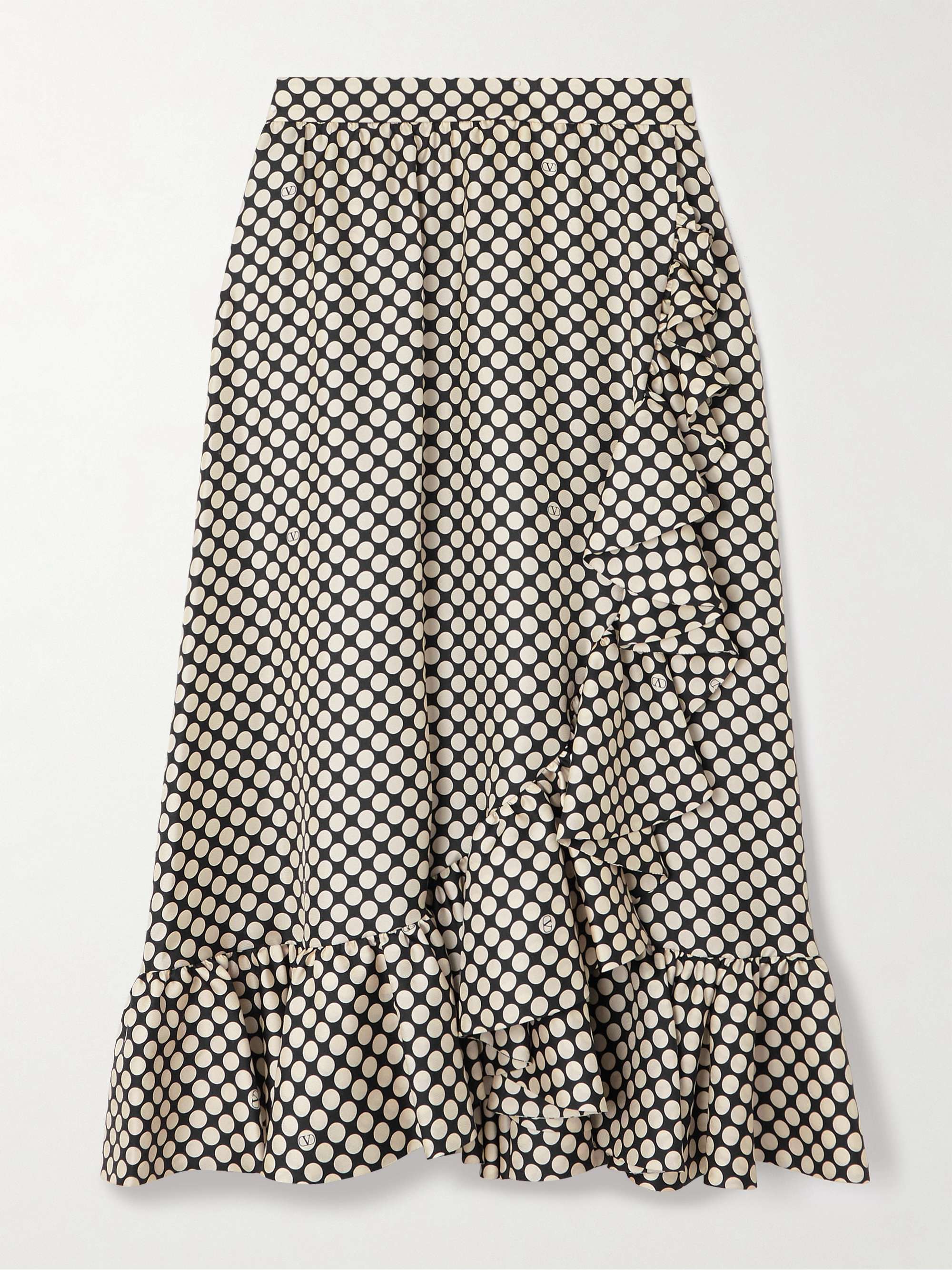 Ruffled wrap-effect polka-dot silk-twill midi skirt view