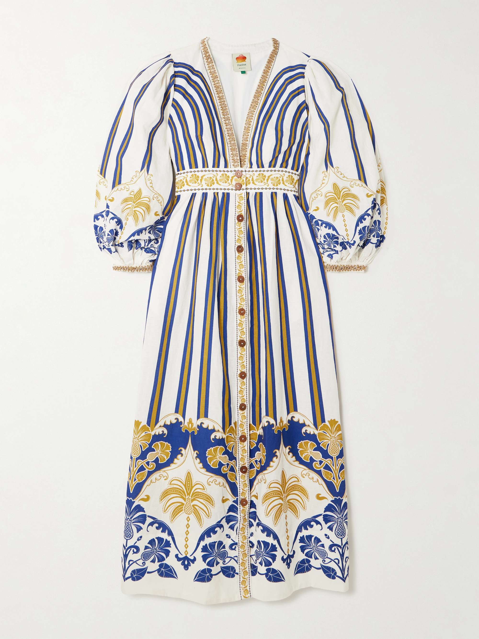 Embellished printed linen-blend midi dress view