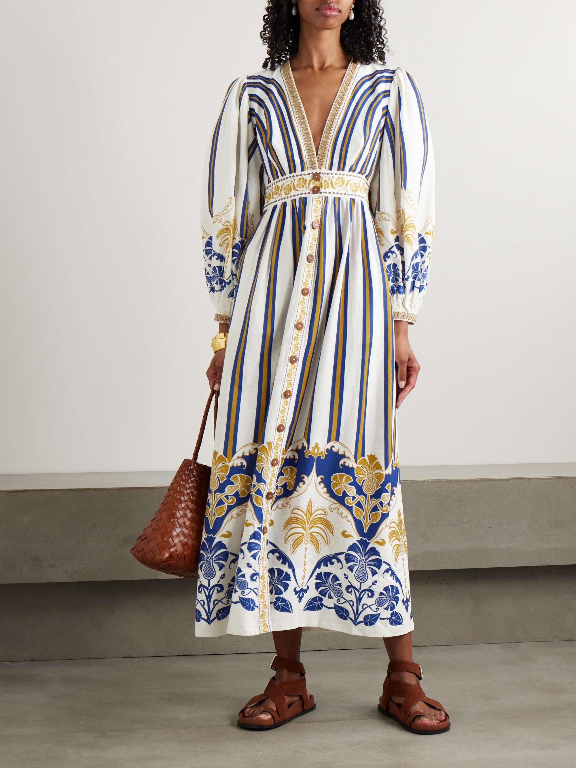 Embellished printed linen-blend midi dress view