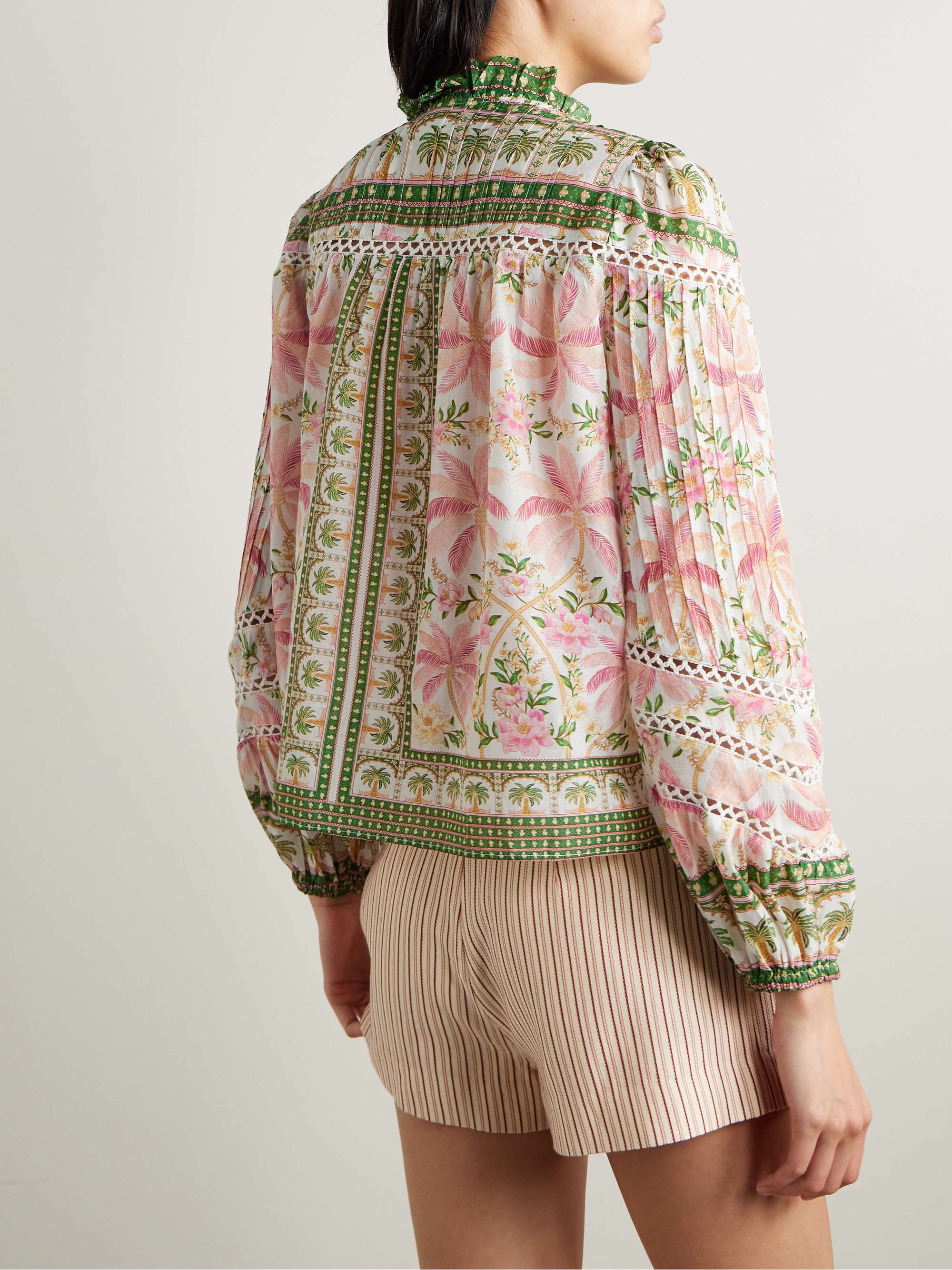 Crochet-trimmed pintucked printed cotton-voile blouse view
