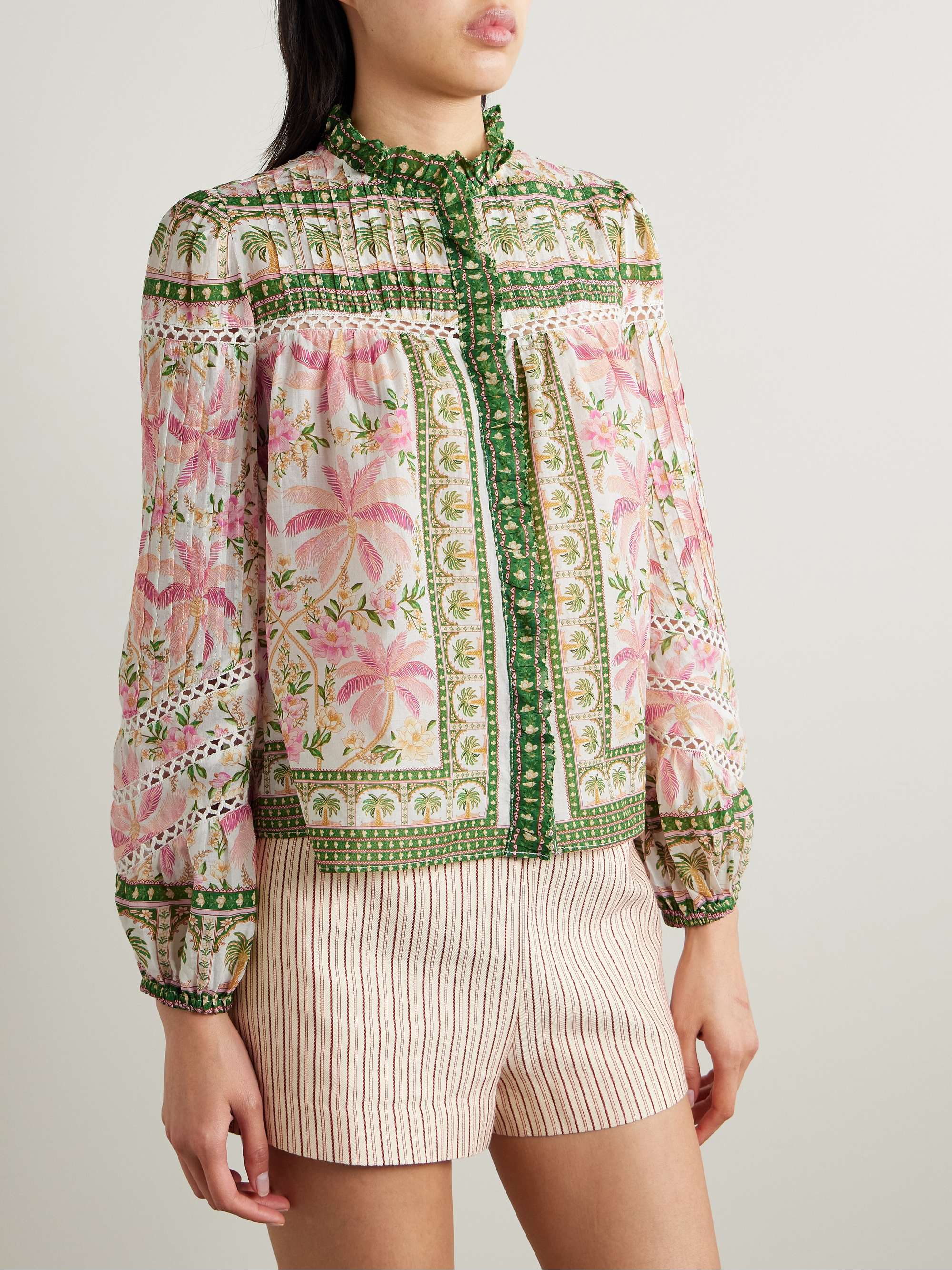 Crochet-trimmed pintucked printed cotton-voile blouse view