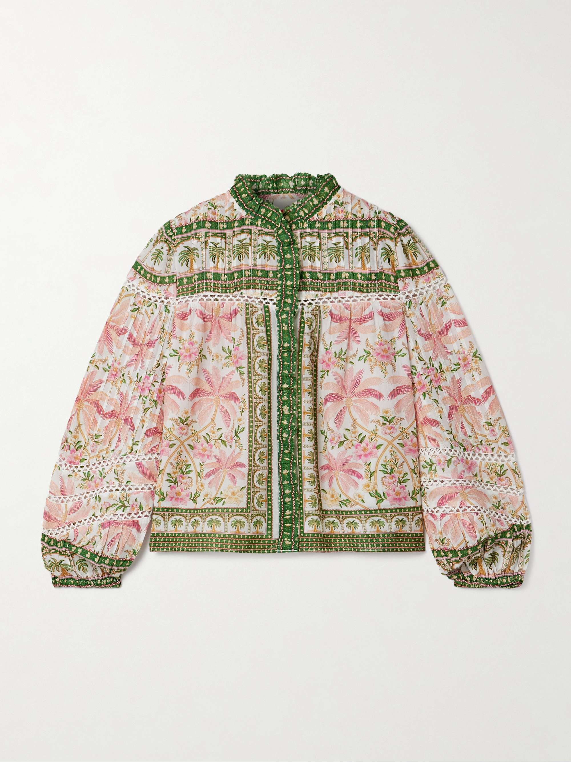 Crochet-trimmed pintucked printed cotton-voile blouse view