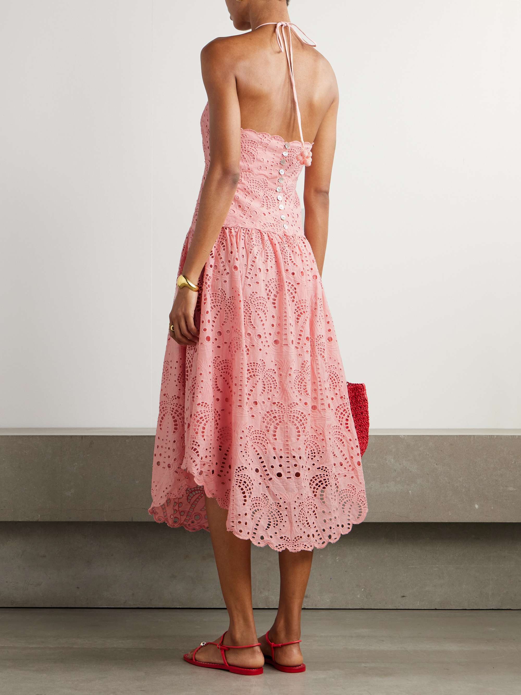 Palm Tree scalloped broderie anglaise cotton midi dress view