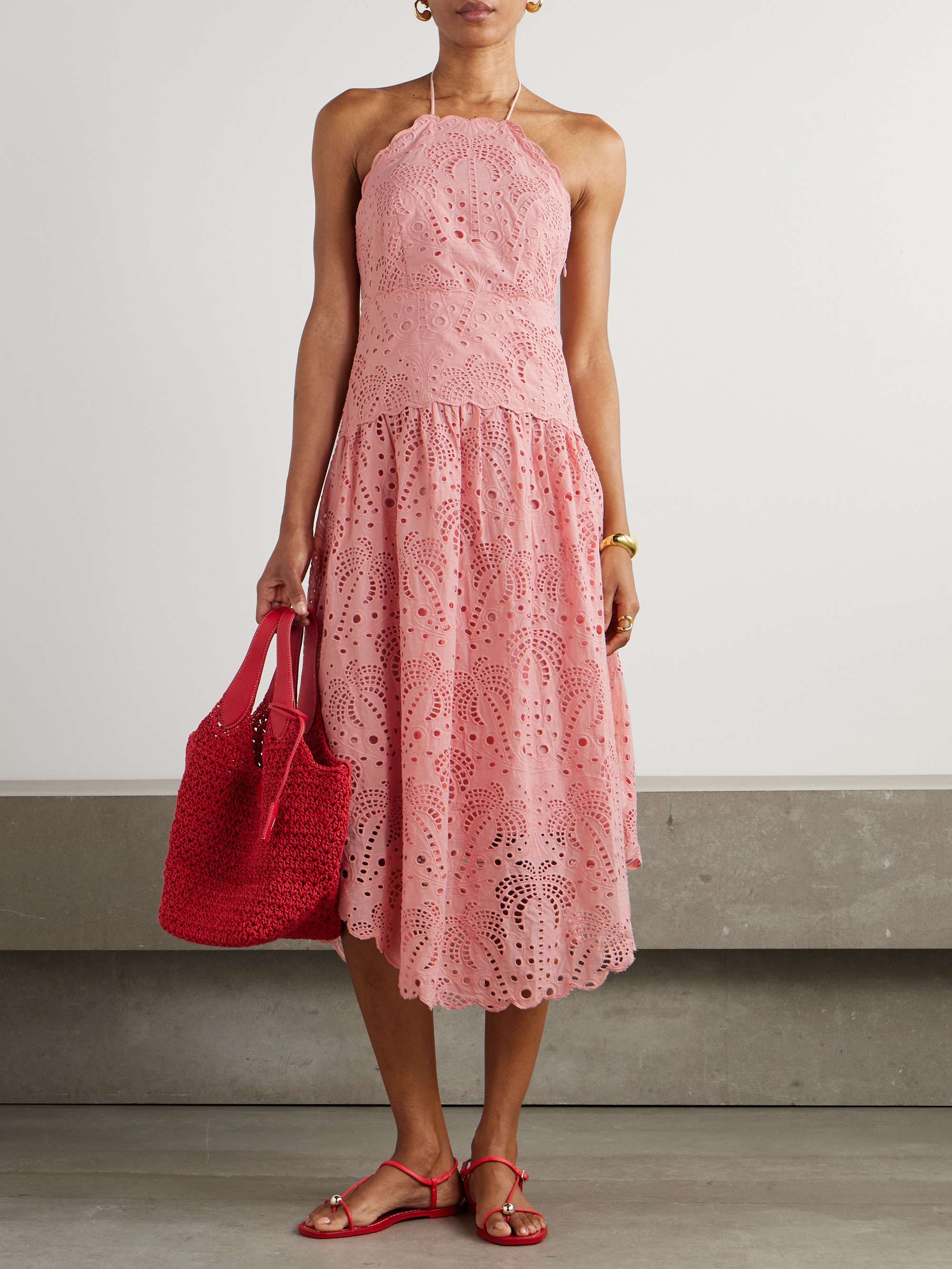 Palm Tree scalloped broderie anglaise cotton midi dress view