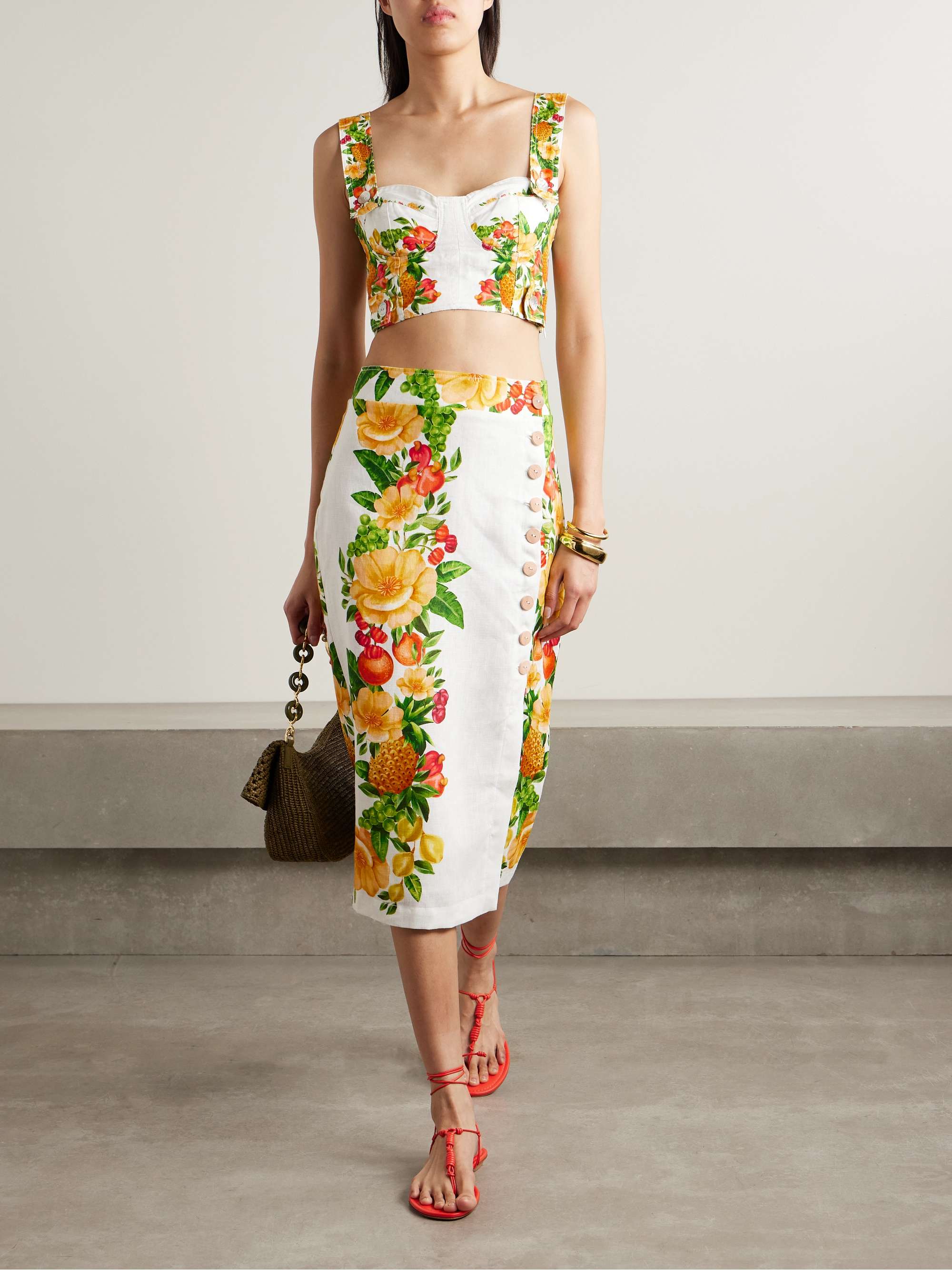 Floral-print linen midi wrap skirt view