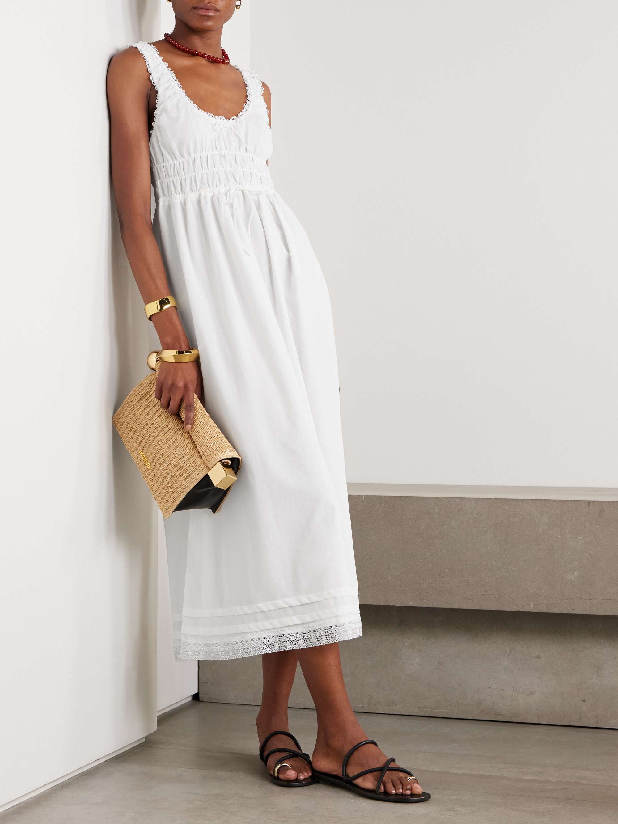 Juliet bow-embellished lace-trimmed shirred cotton-poplin midi dress view