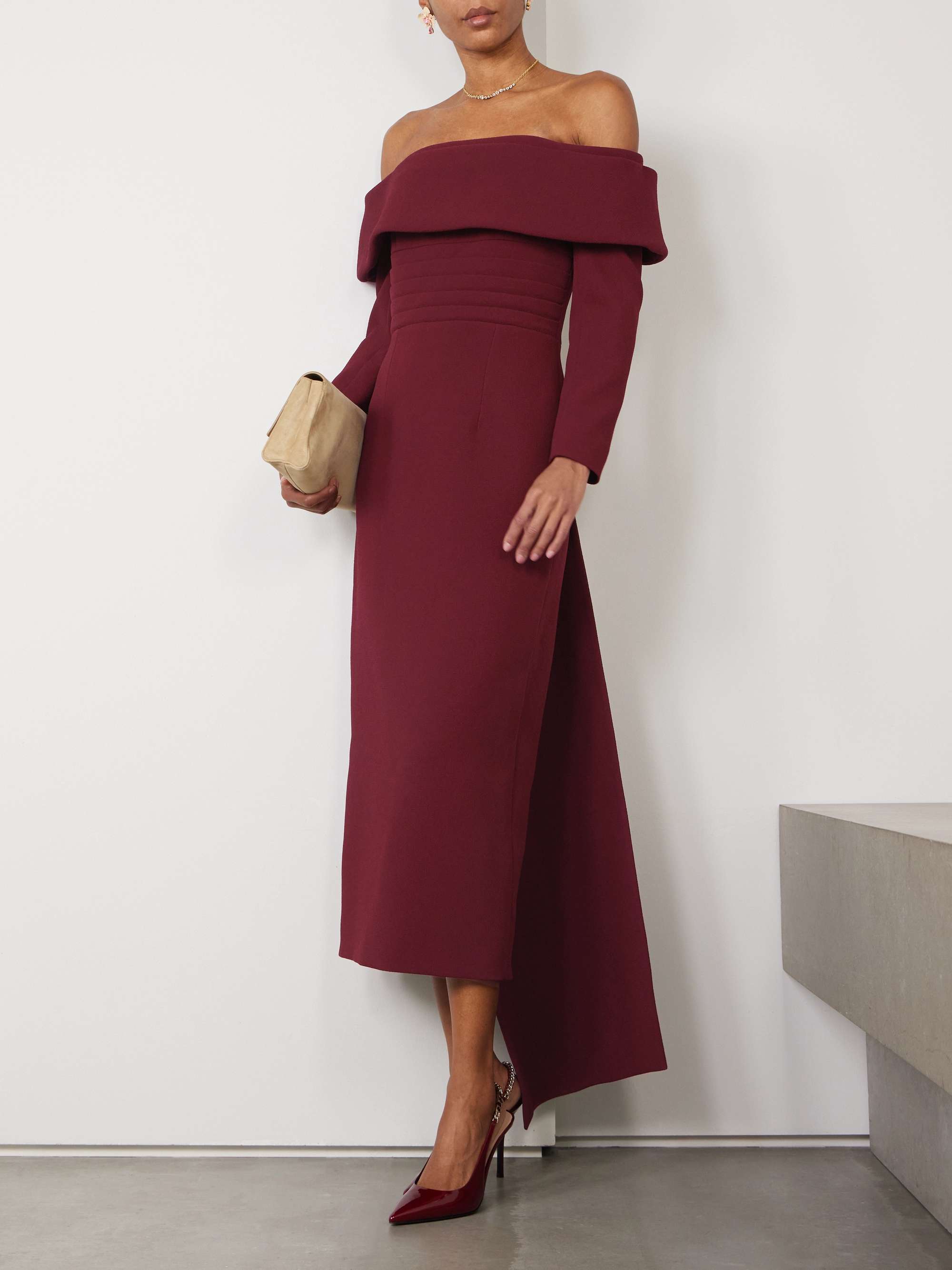 Derika off-the-shoulder pleated textured-crepe gown view