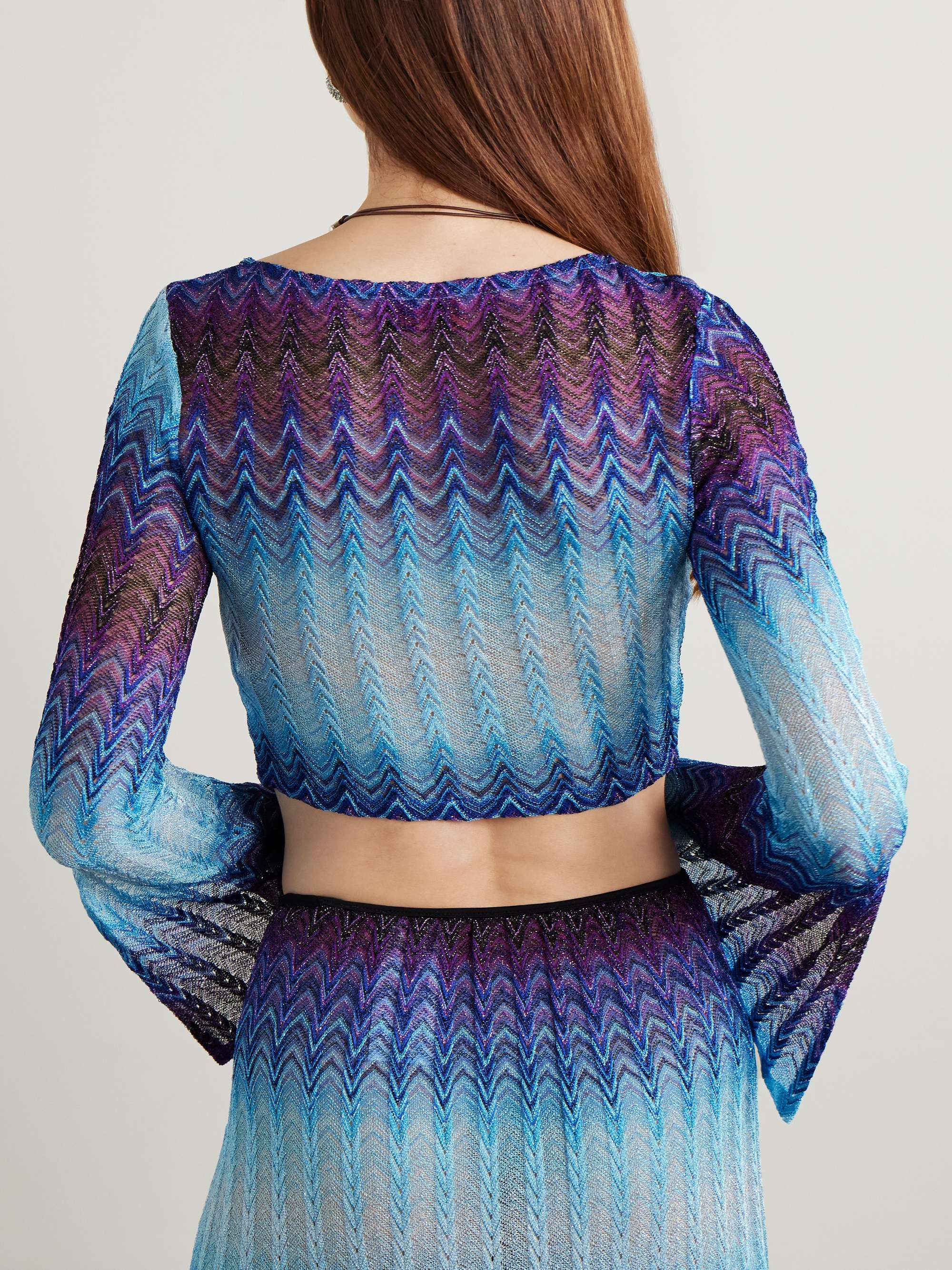 Cropped ombré metallic crochet-knit top view