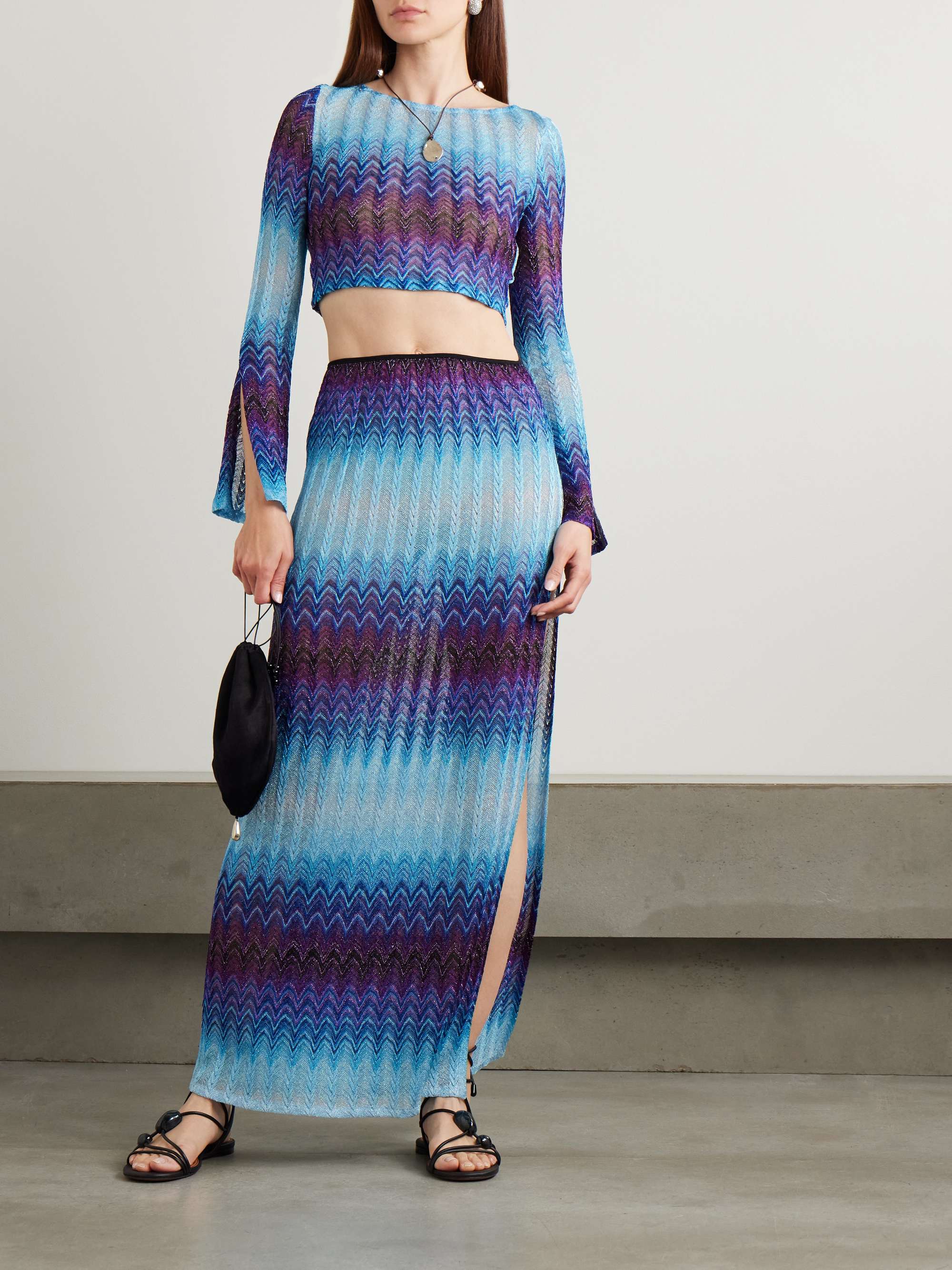 Cropped ombré metallic crochet-knit top view
