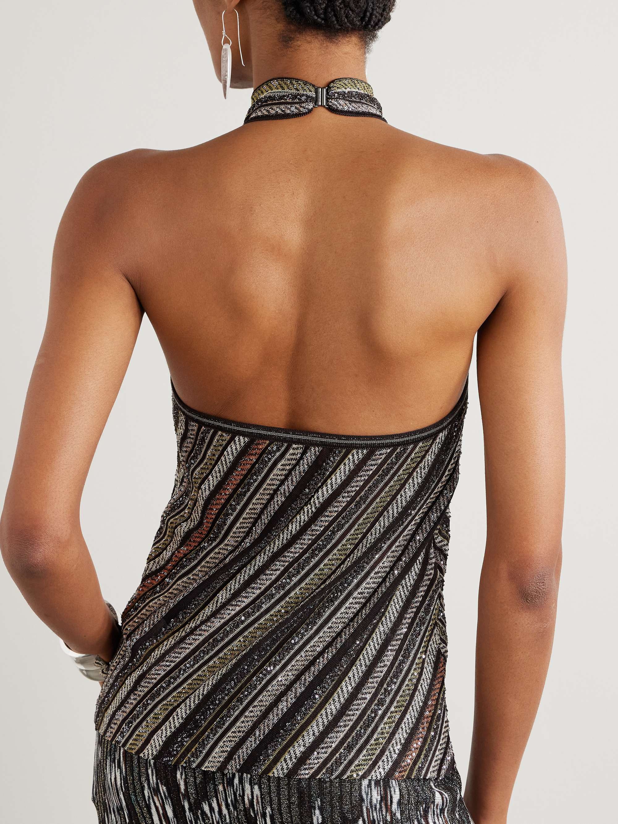 Sequined striped crochet-knit halterneck top view